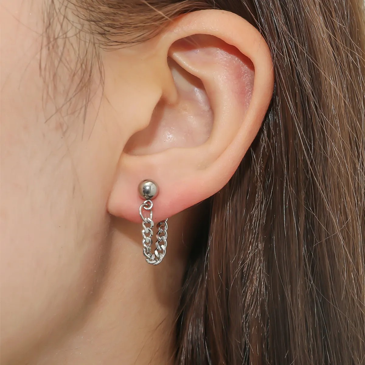 Fashion Simple Stainless Steel Chain Ball Back Hanging Chain Earrings_colorza_2