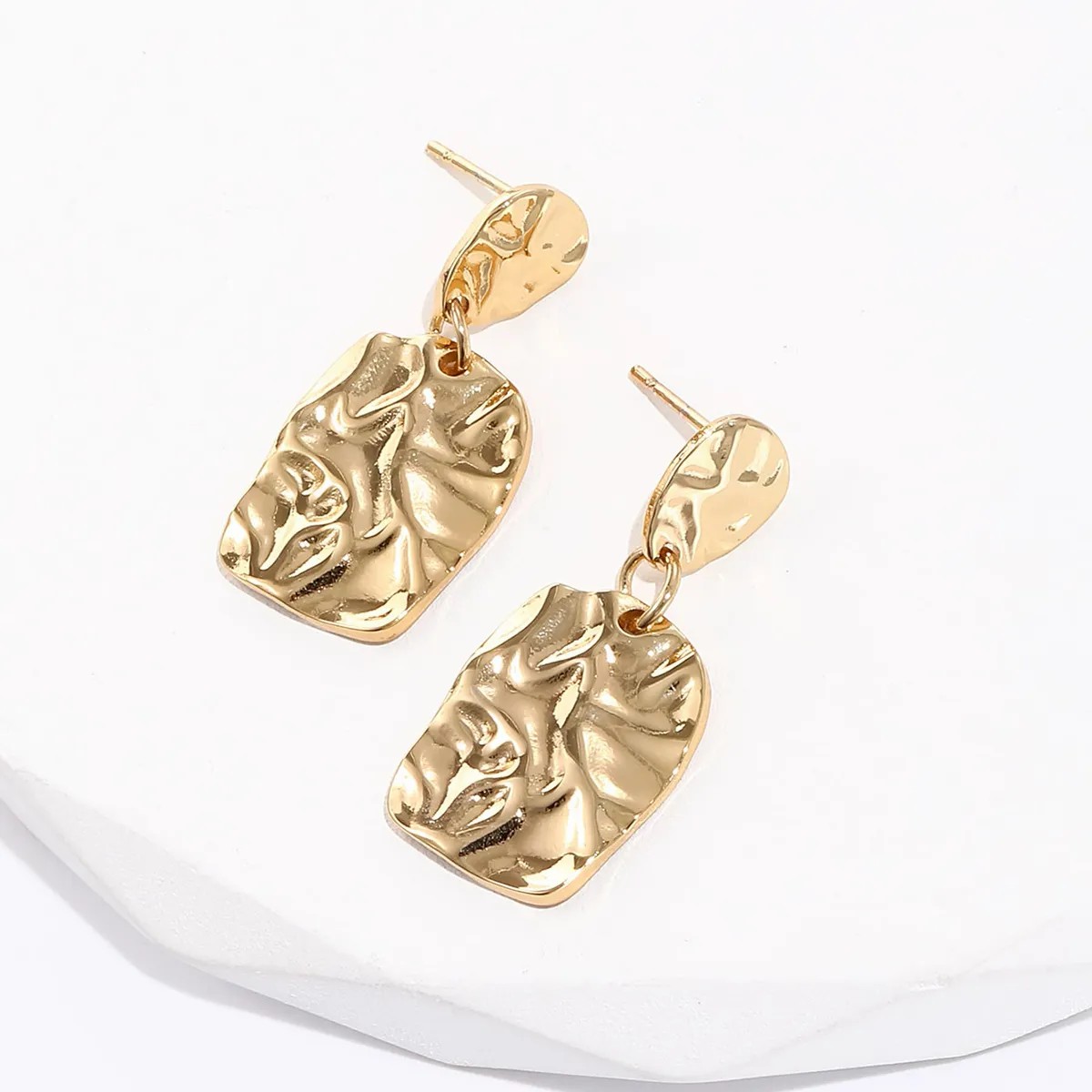 Fashion Creative Simple Hammer Pleated Irregular Square Stainless Steel Earrings_colorza_2