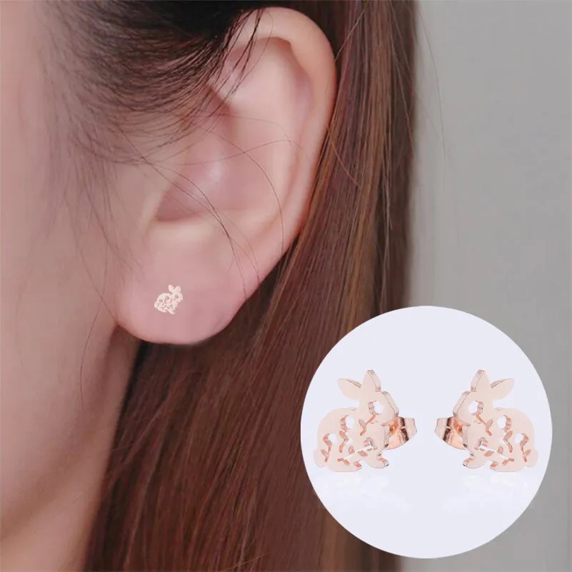 Women Simple Style Rabbit Stainless Steel No Inlaid Ear Studs Hollow Out Stainless Steel Earrings_colorza_4