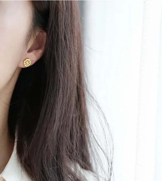 Chinoiserie Round Titanium Steel Ear Studs Plating Stainless Steel Earrings_colorza_2