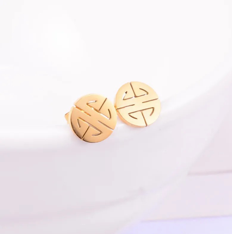 Chinoiserie Round Titanium Steel Ear Studs Plating Stainless Steel Earrings_colorza_3