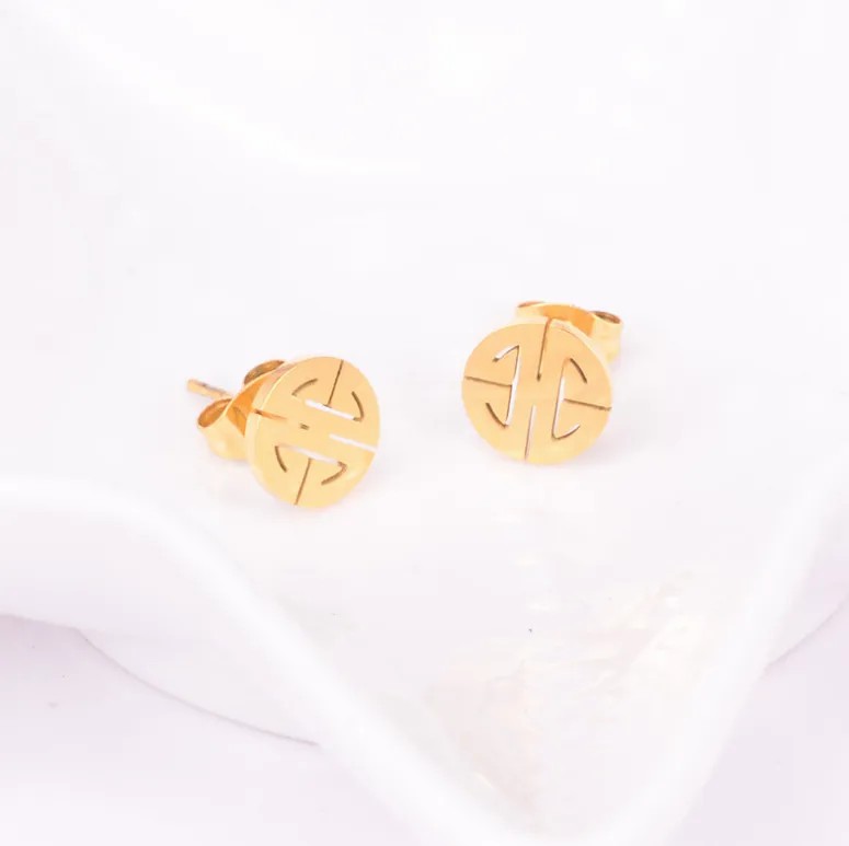 Chinoiserie Round Titanium Steel Ear Studs Plating Stainless Steel Earrings_colorza_4
