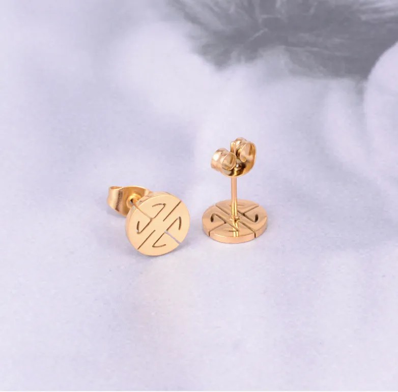 Chinoiserie Round Titanium Steel Ear Studs Plating Stainless Steel Earrings_colorza_5