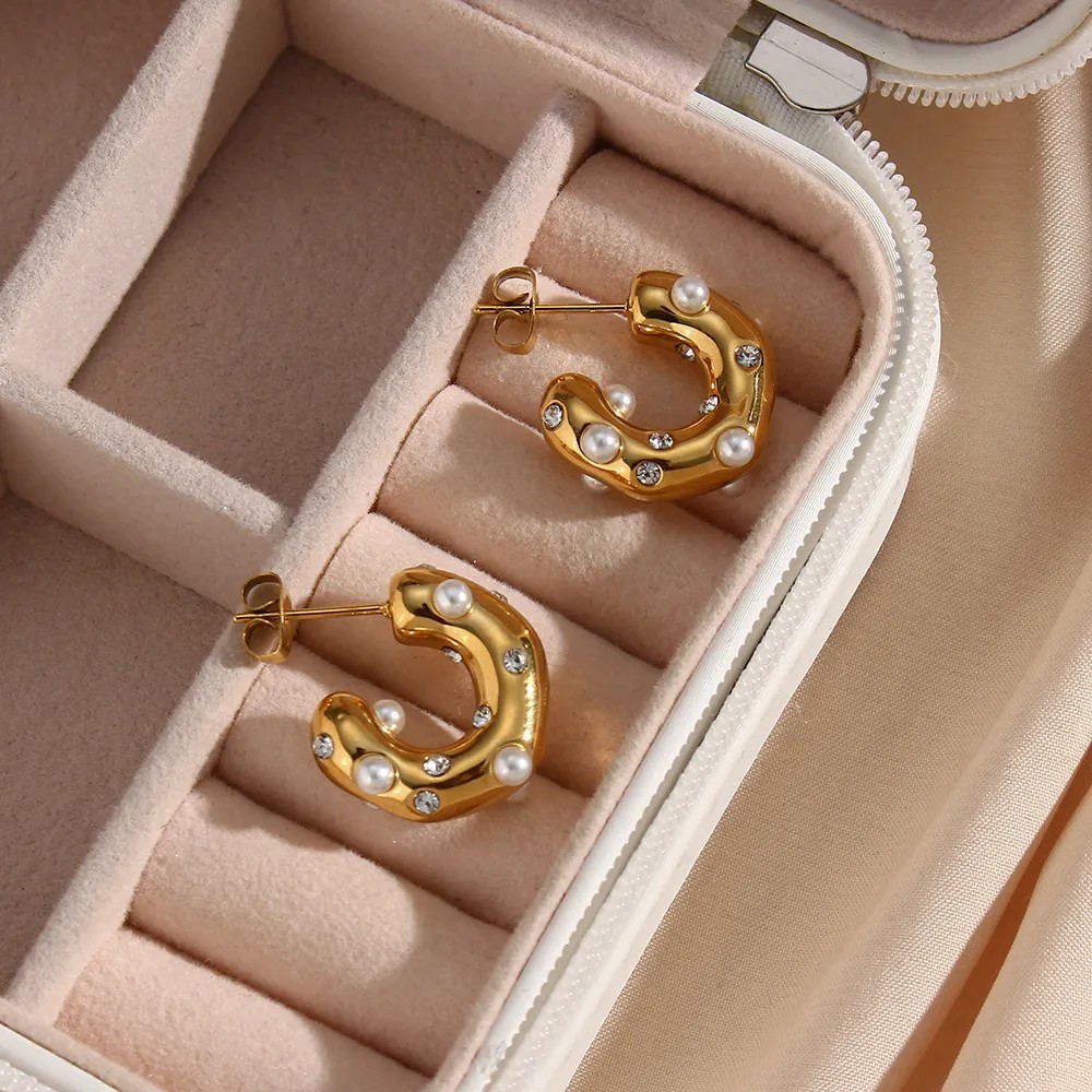 Fashion C Shape Stainless Steel Ear Studs Gold Plated Pearl Stainless Steel Earrings_colorza_1