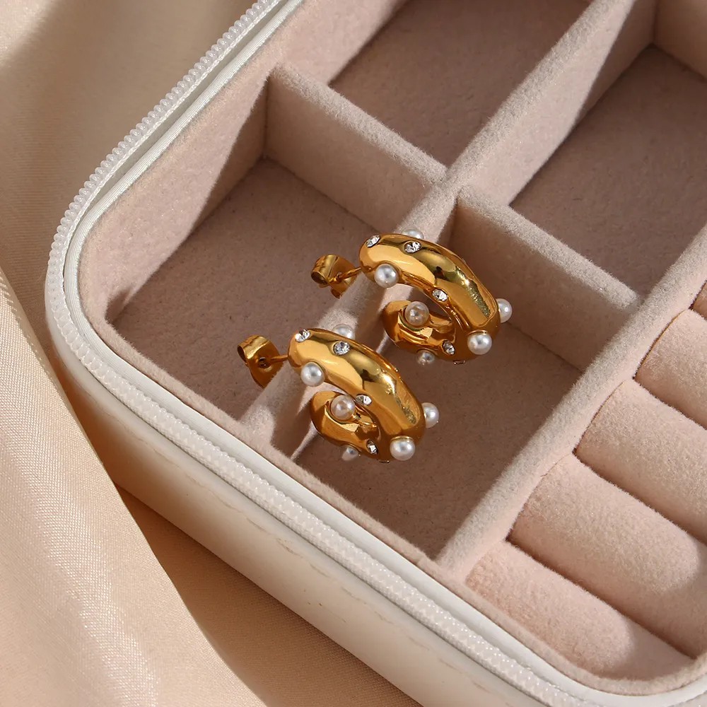 Fashion C Shape Stainless Steel Ear Studs Gold Plated Pearl Stainless Steel Earrings_colorza_2
