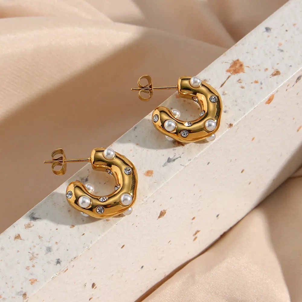 Fashion C Shape Stainless Steel Ear Studs Gold Plated Pearl Stainless Steel Earrings_colorza_3