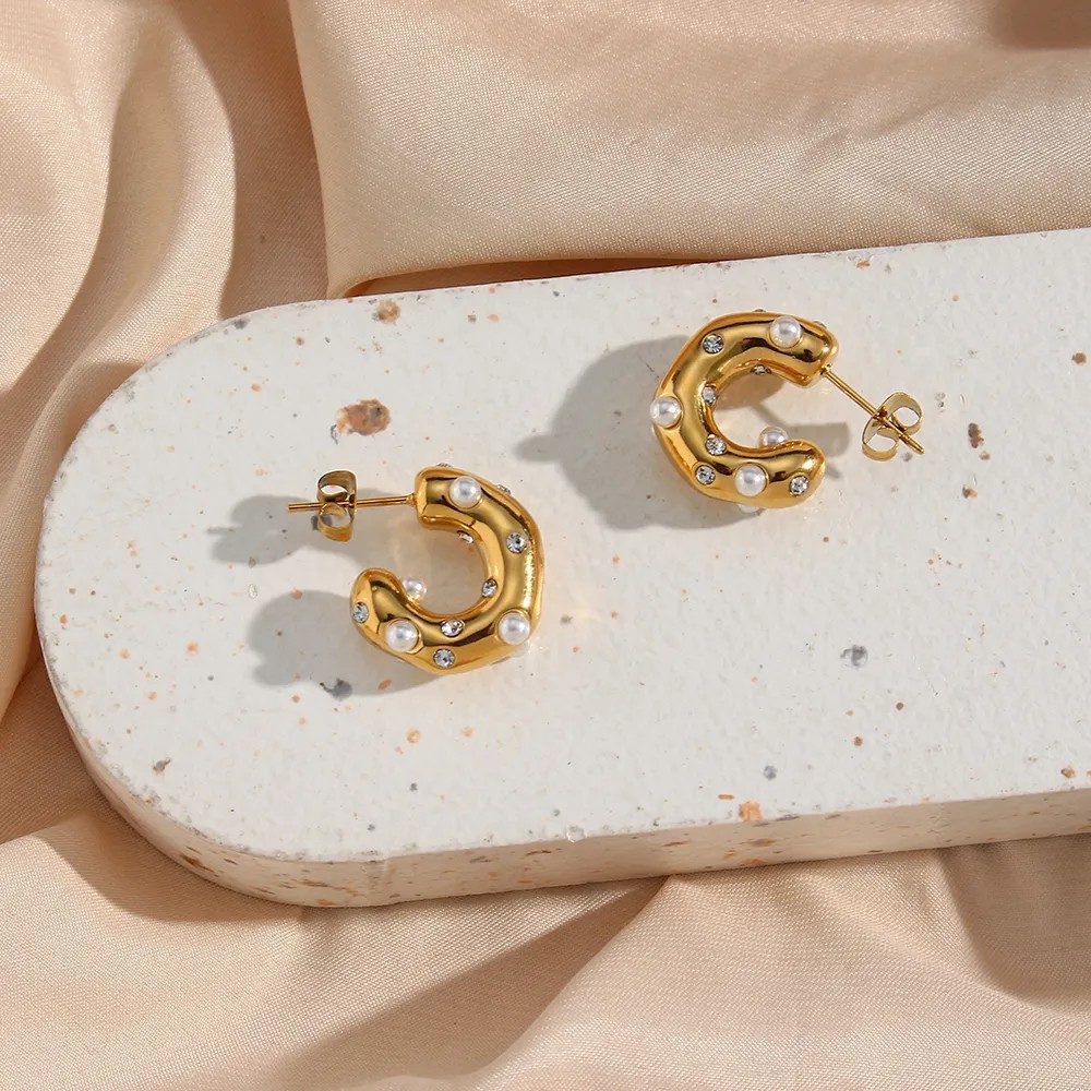 Fashion C Shape Stainless Steel Ear Studs Gold Plated Pearl Stainless Steel Earrings_colorza_4