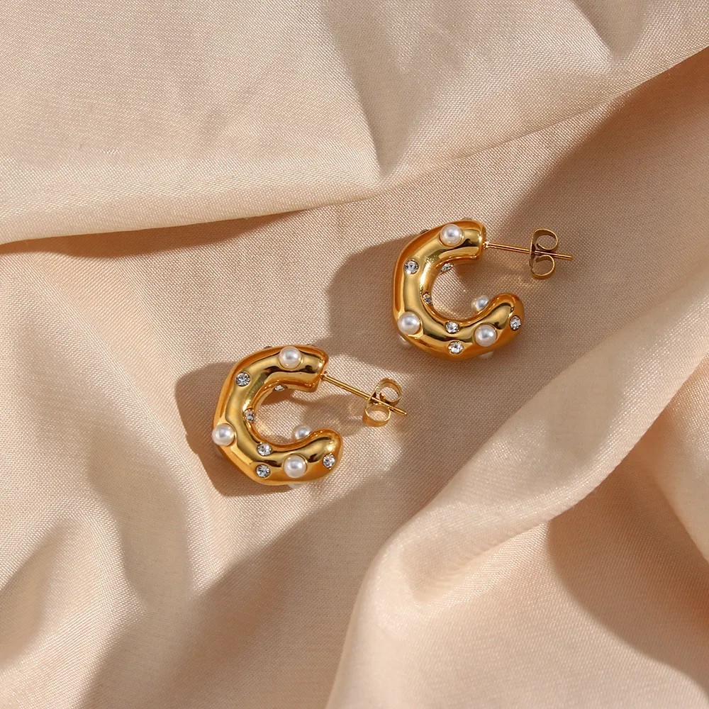Fashion C Shape Stainless Steel Ear Studs Gold Plated Pearl Stainless Steel Earrings_colorza_5