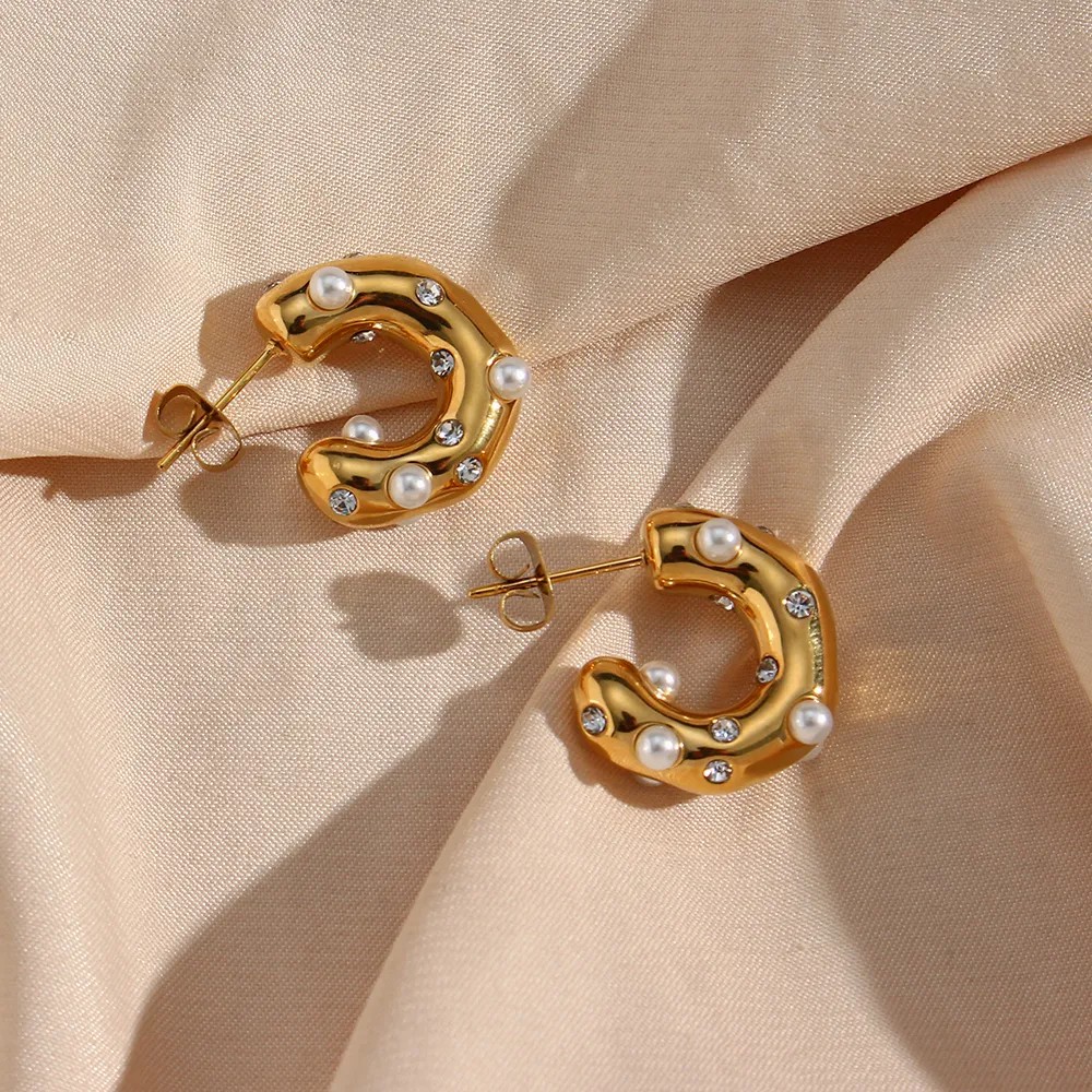 Fashion C Shape Stainless Steel Ear Studs Gold Plated Pearl Stainless Steel Earrings_colorza_6