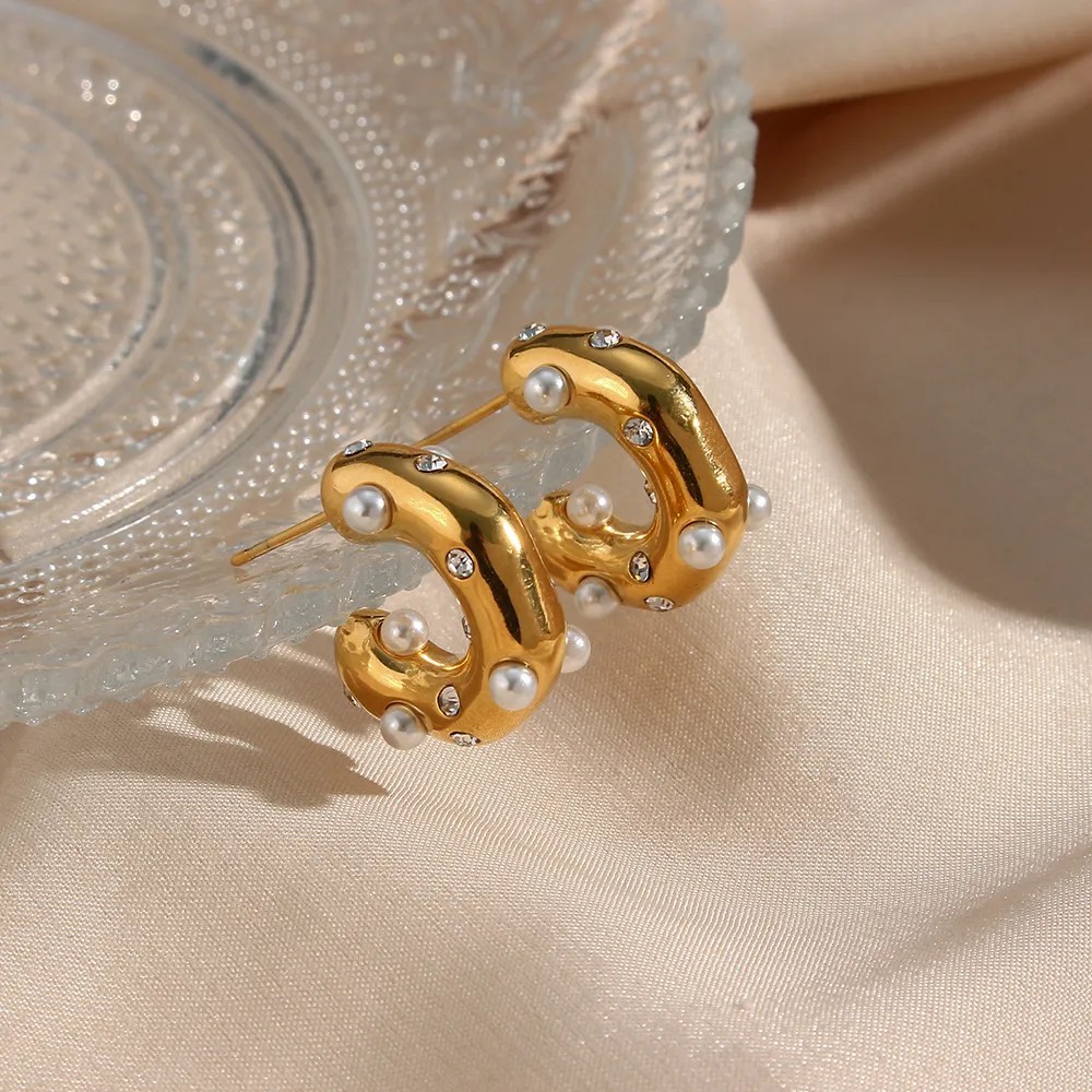 Fashion C Shape Stainless Steel Ear Studs Gold Plated Pearl Stainless Steel Earrings_colorza_7