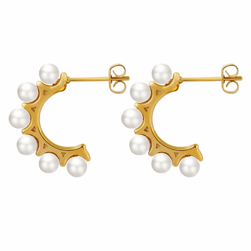 Fashion C Shape Titanium Steel Earrings Inlay Pearl Stainless Steel Earrings_colorza_1