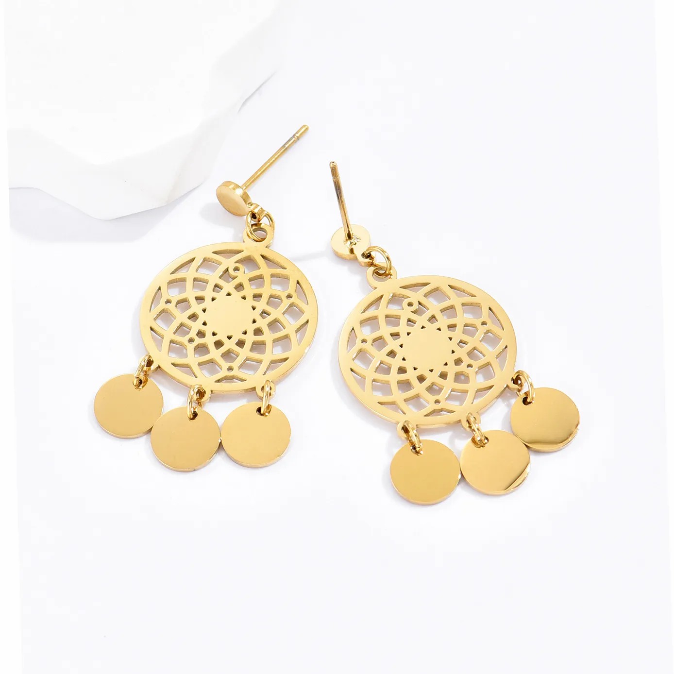 Ethnic Style Round Stainless Steel Earrings Tassel Hollow Out Stainless Steel Earrings 1 Pair_colorza_1