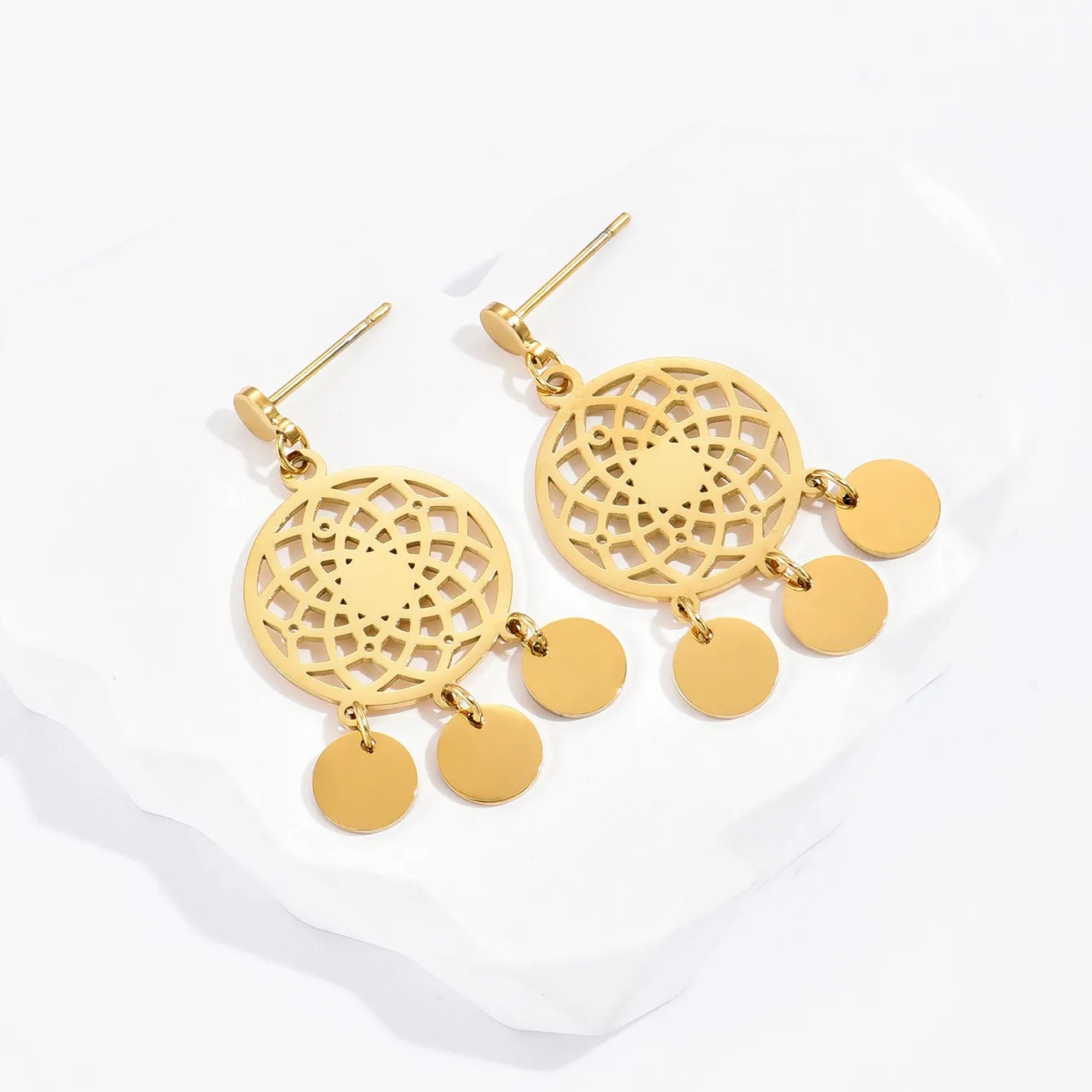 Ethnic Style Round Stainless Steel Earrings Tassel Hollow Out Stainless Steel Earrings 1 Pair_colorza_2