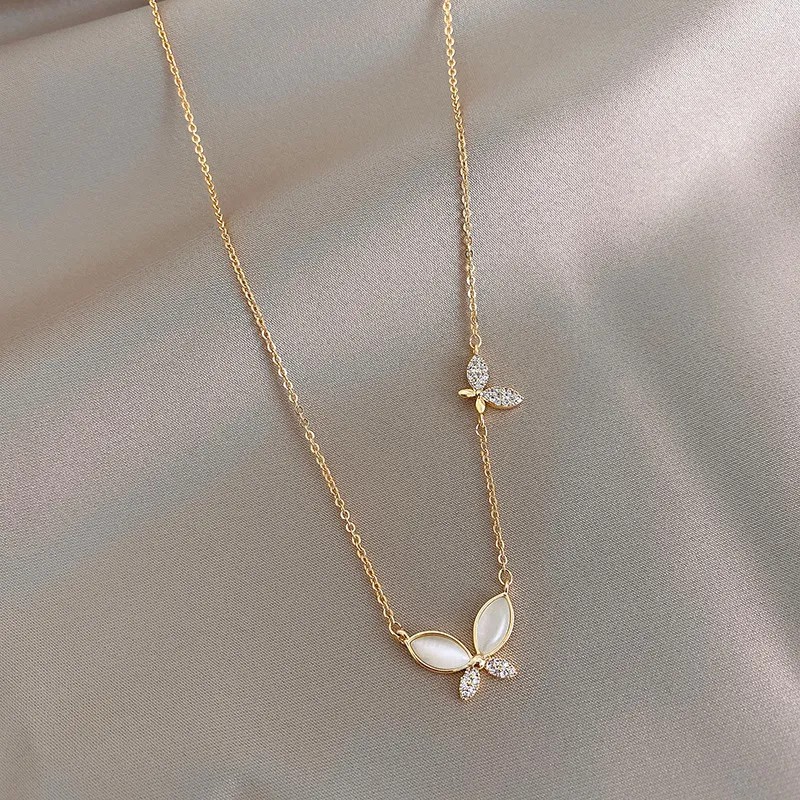 IG Style Sweet Butterfly Titanium Steel Copper Plating Inlay Rhinestones Opal 18K Gold Plated Necklace_colorza_1