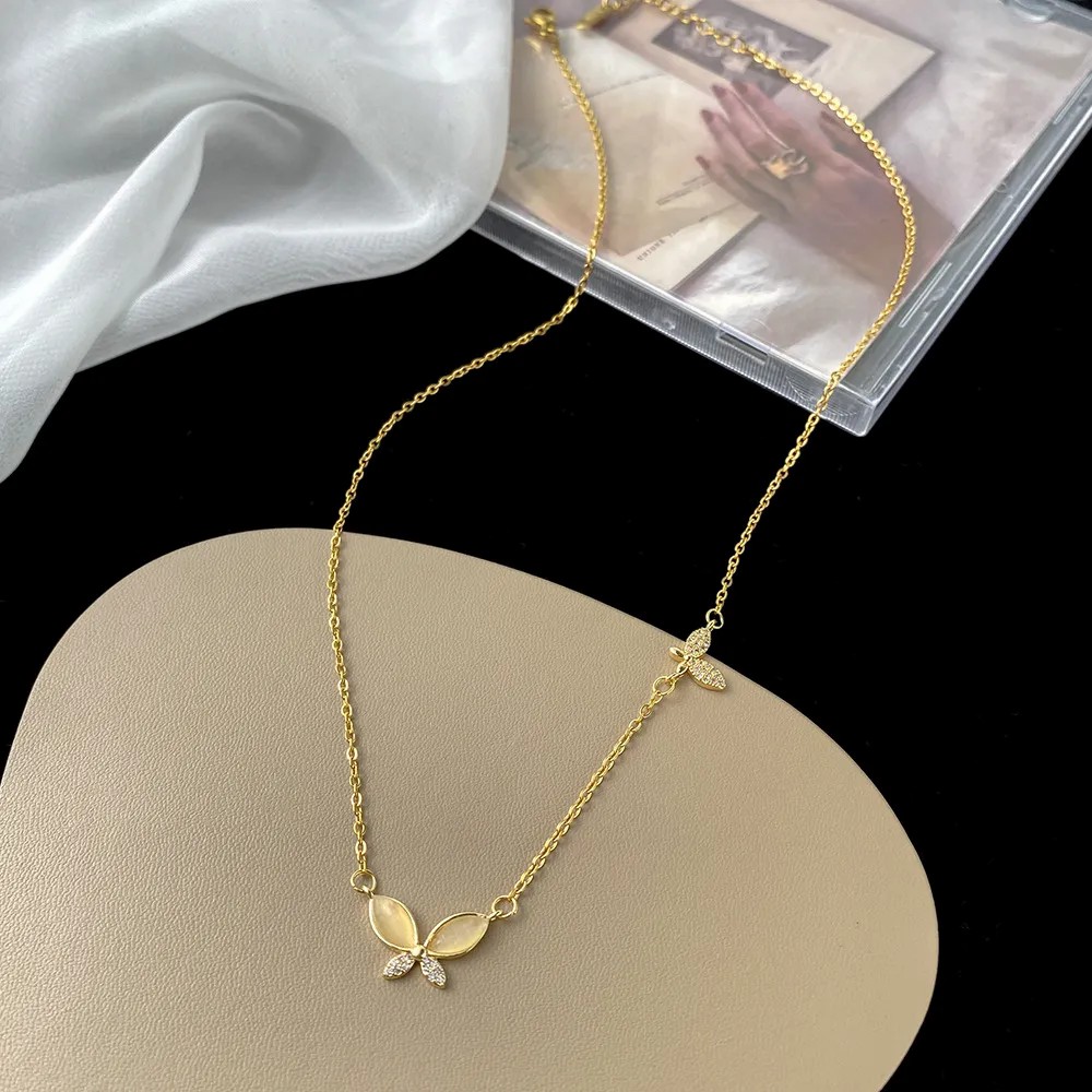 IG Style Sweet Butterfly Titanium Steel Copper Plating Inlay Rhinestones Opal 18K Gold Plated Necklace_colorza_2