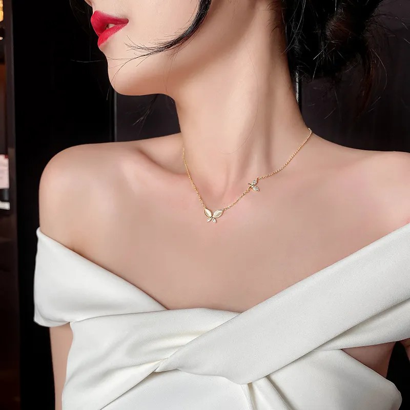 IG Style Sweet Butterfly Titanium Steel Copper Plating Inlay Rhinestones Opal 18K Gold Plated Necklace_colorza_3