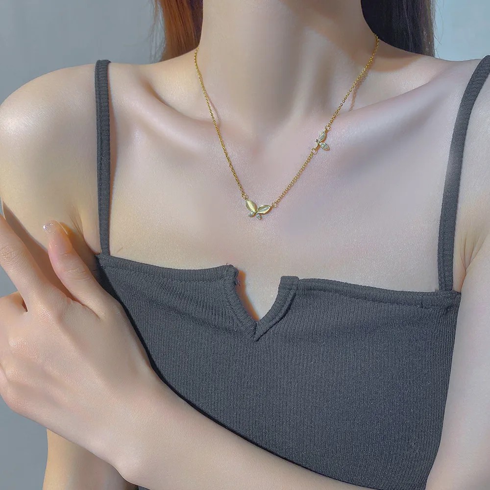 IG Style Sweet Butterfly Titanium Steel Copper Plating Inlay Rhinestones Opal 18K Gold Plated Necklace_colorza_4