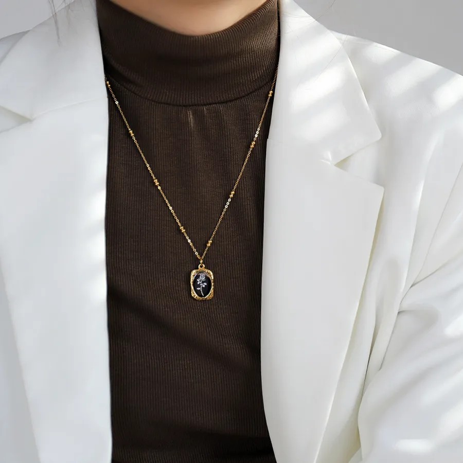 Sweet Simple Style Rose Titanium Steel Plating 18K Gold Plated Pendant Necklace Long Necklace_colorza_3