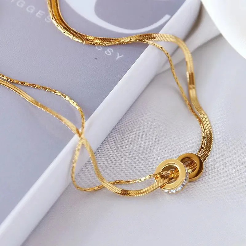 Simple Style Classic Style Round Titanium Steel Plating Inlay Zircon 18K Gold Plated Layered Necklaces_colorza_2
