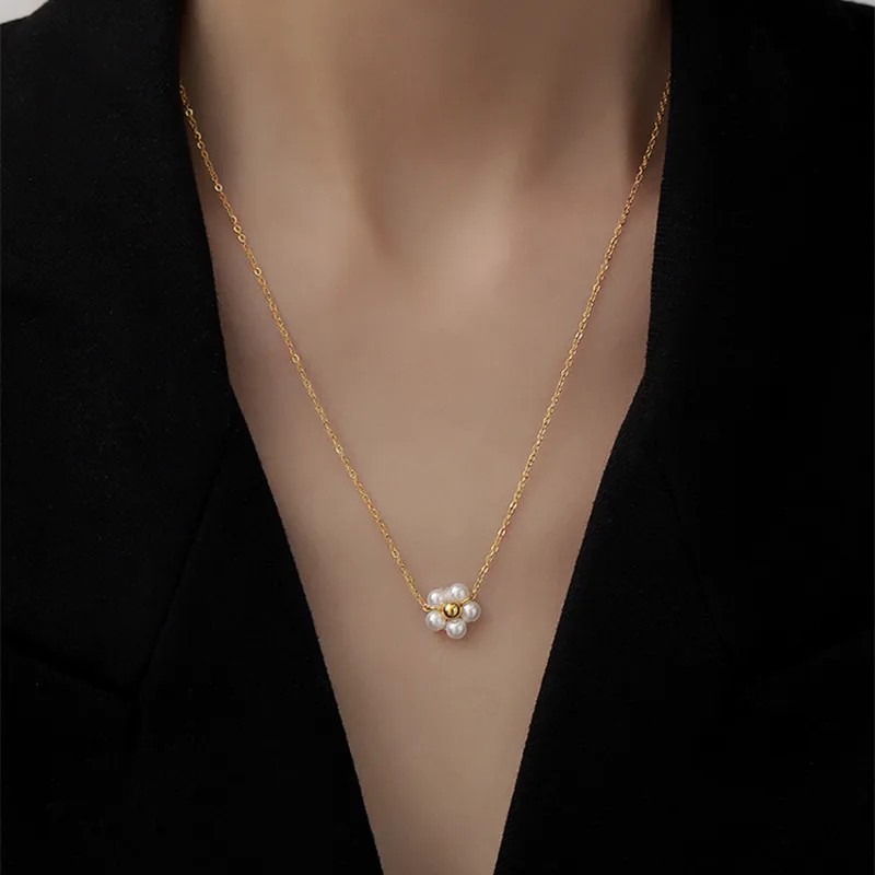Simple Style Flower Artificial Pearl Titanium Steel Plating 18K Gold Plated Pendant Necklace_colorza_3