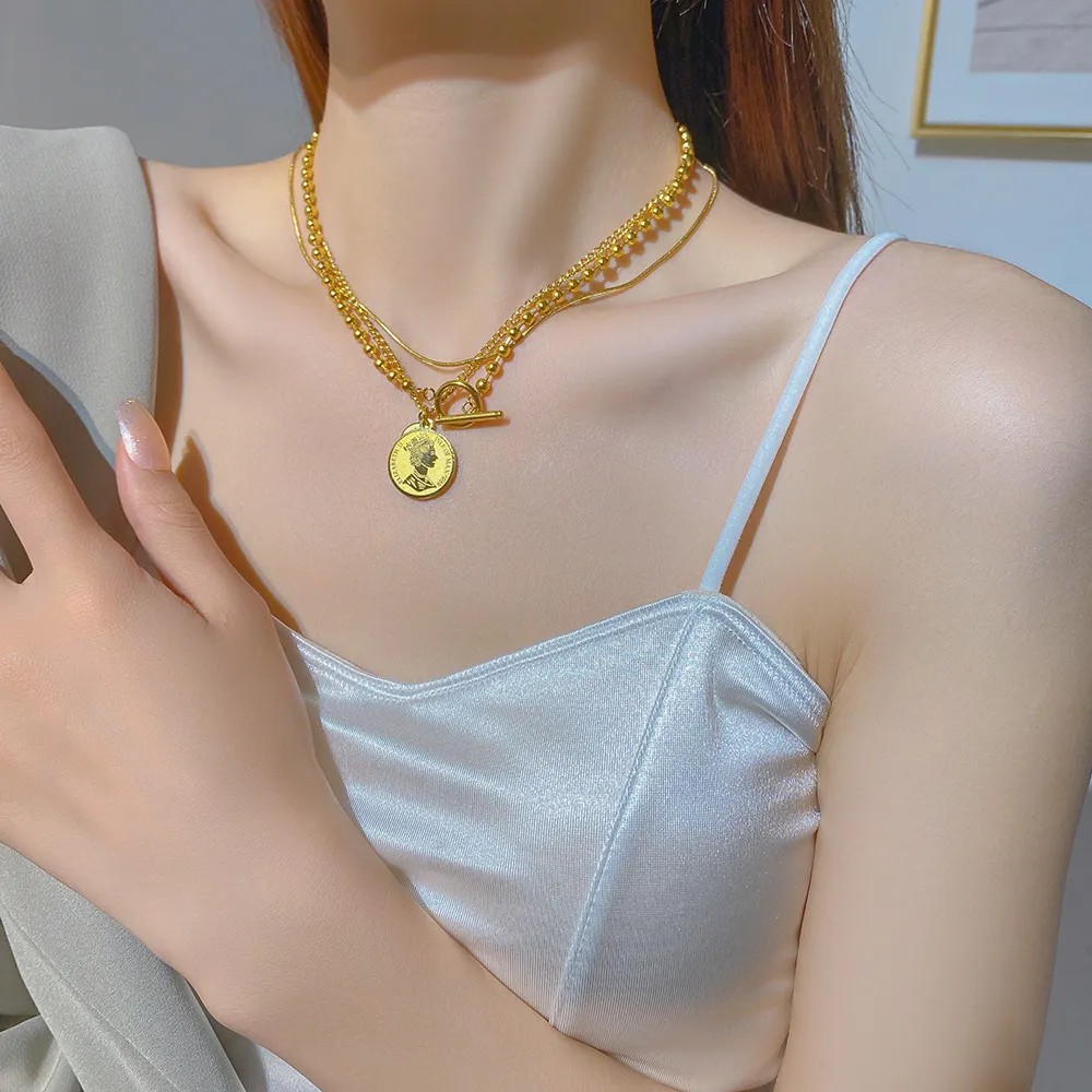 Vintage Style Portrait Titanium Steel Toggle Plating 18K Gold Plated Layered Necklaces_colorza_3