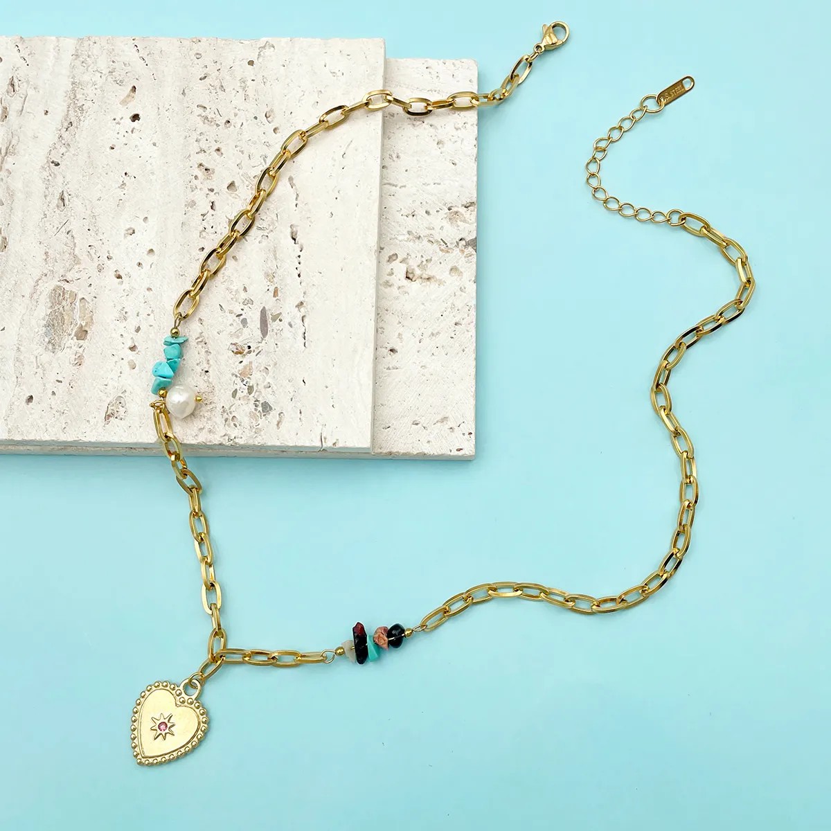 Retro Artistic Heart Shape Stainless Steel Imitation Pearl Turquoise Plating Inlay Zircon Gold Plated Pendant Necklace_colorza_1
