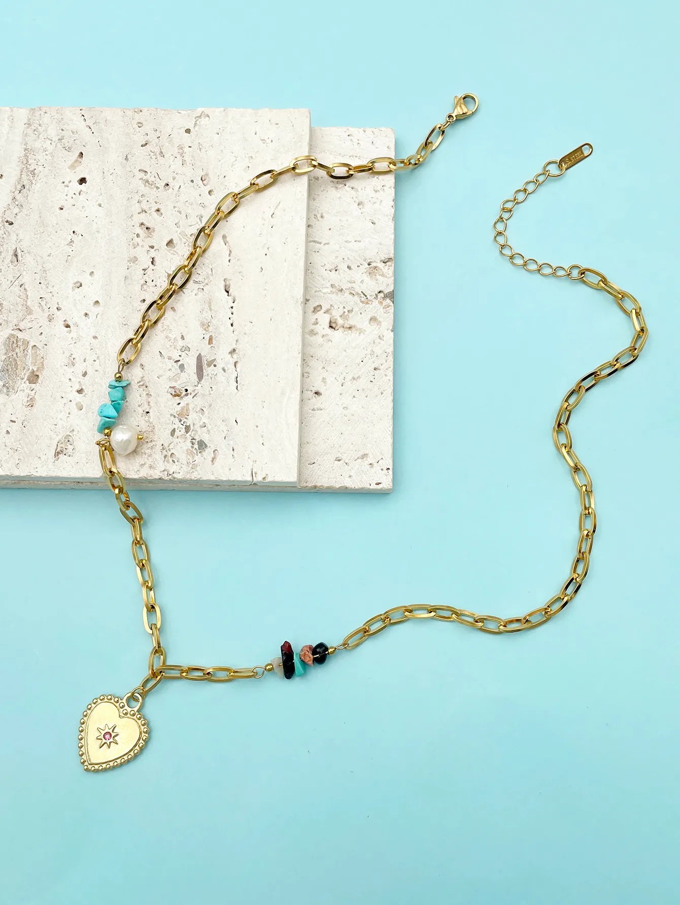 Retro Artistic Heart Shape Stainless Steel Imitation Pearl Turquoise Plating Inlay Zircon Gold Plated Pendant Necklace_colorza_2