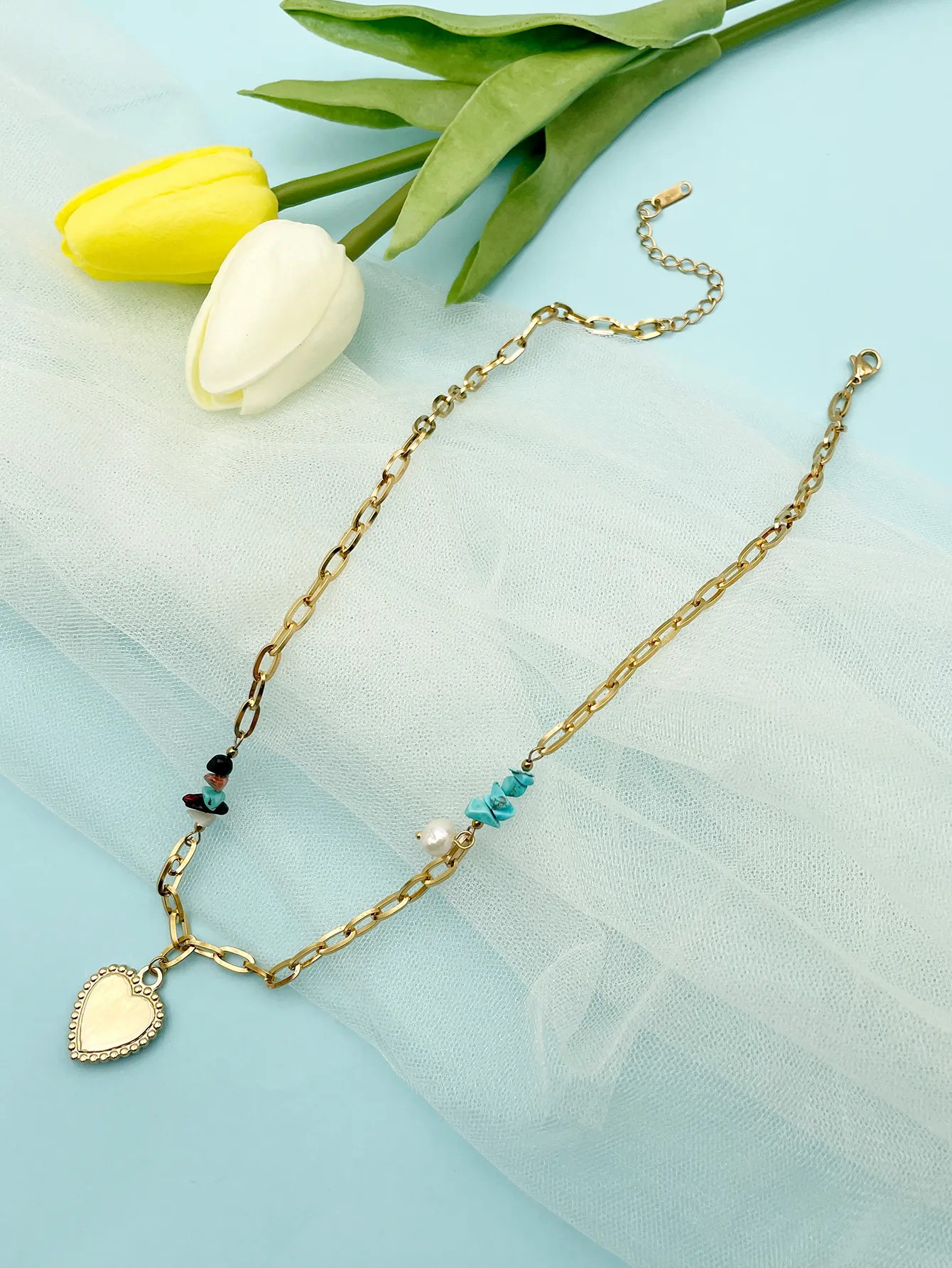 Retro Artistic Heart Shape Stainless Steel Imitation Pearl Turquoise Plating Inlay Zircon Gold Plated Pendant Necklace_colorza_3