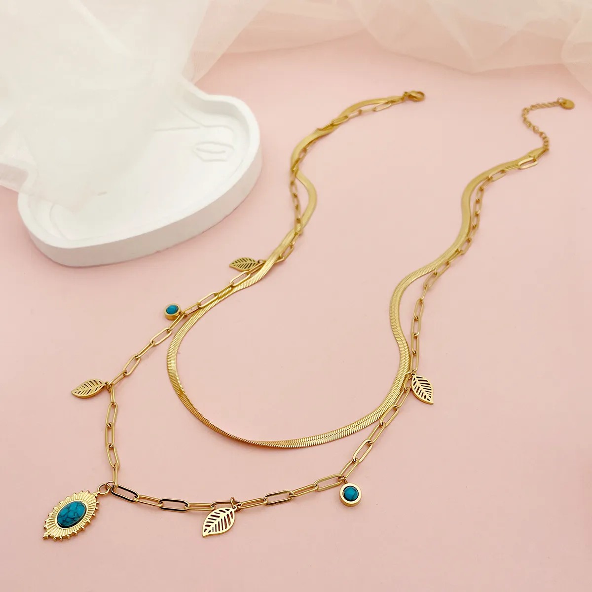 Casual Beach Leaves Oval Stainless Steel Plating Hollow Out Inlay Turquoise Gold Plated Layered Necklaces_colorza_1