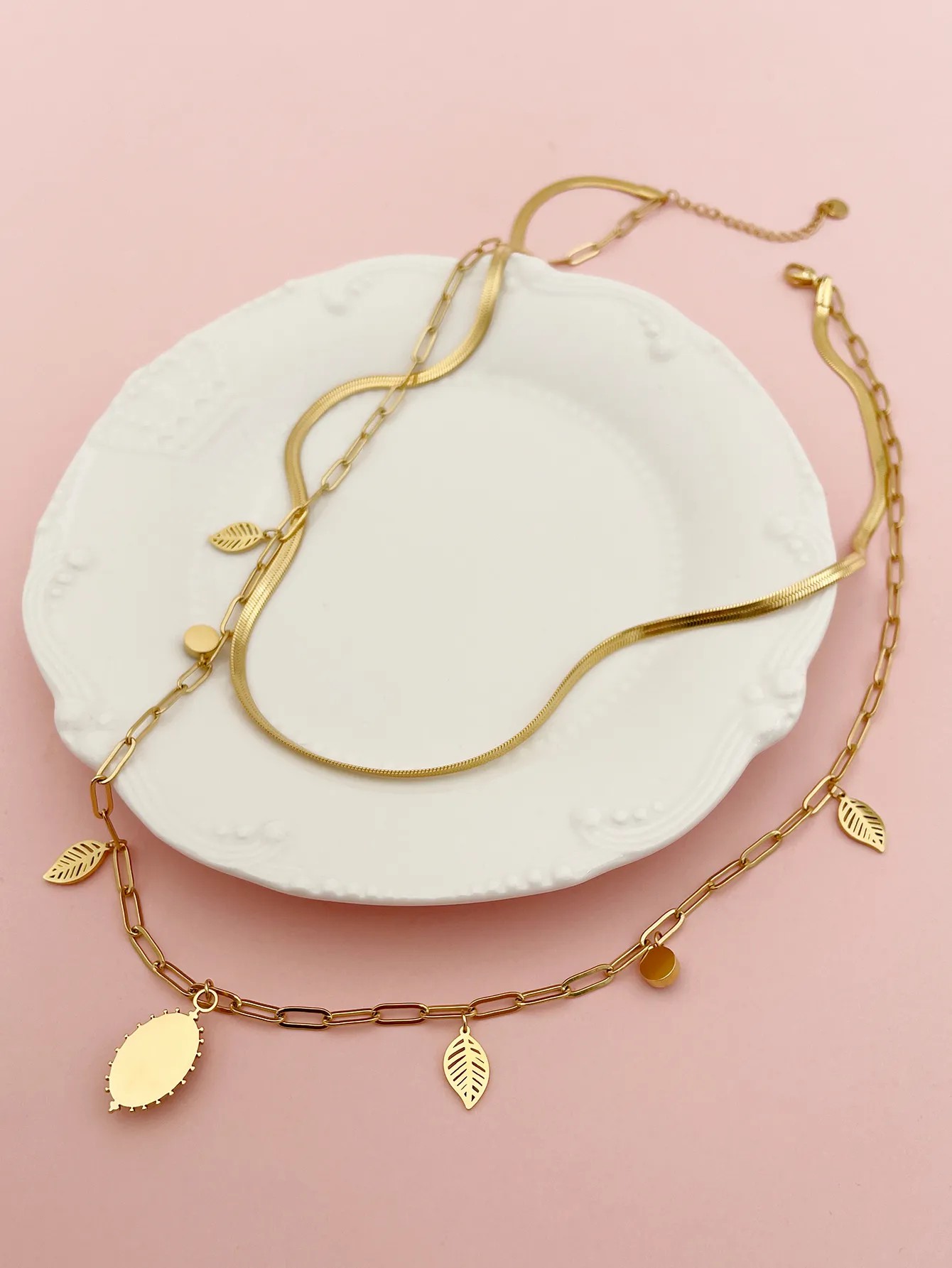 Casual Beach Leaves Oval Stainless Steel Plating Hollow Out Inlay Turquoise Gold Plated Layered Necklaces_colorza_2
