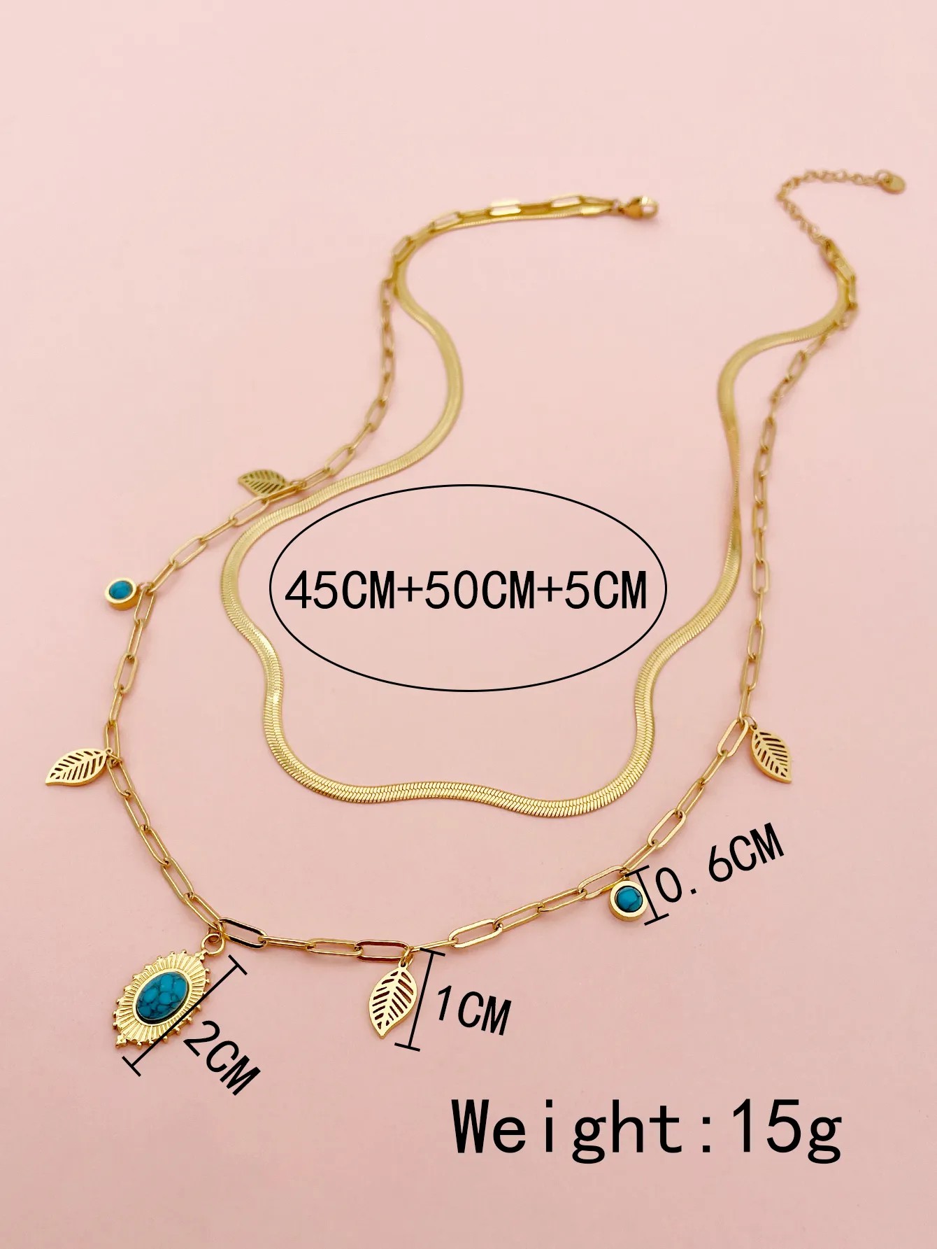 Casual Beach Leaves Oval Stainless Steel Plating Hollow Out Inlay Turquoise Gold Plated Layered Necklaces_colorza_3