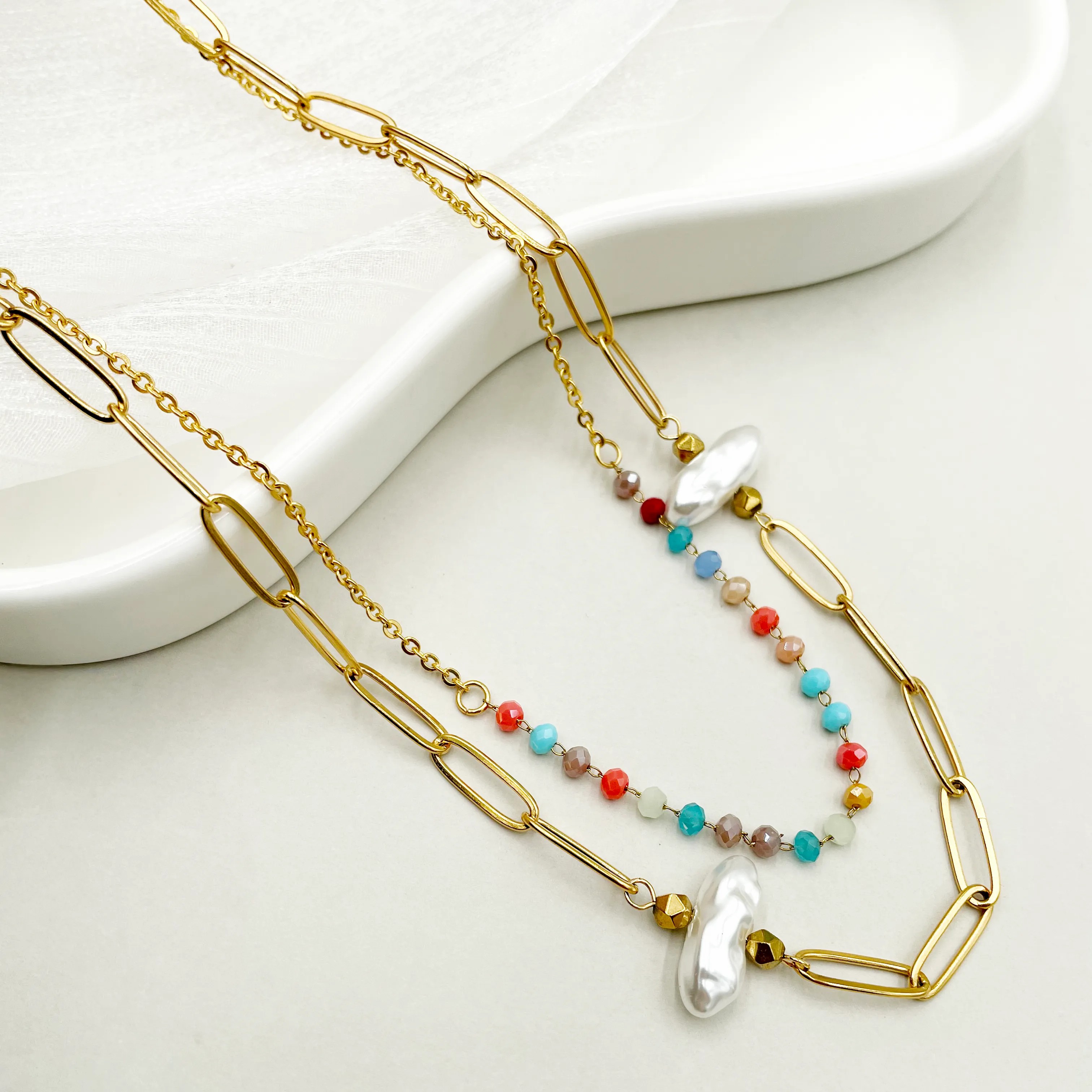 Casual Sweet Irregular Stainless Steel Imitation Pearl Crystal Polishing Plating Gold Plated Layered Necklaces_colorza_1