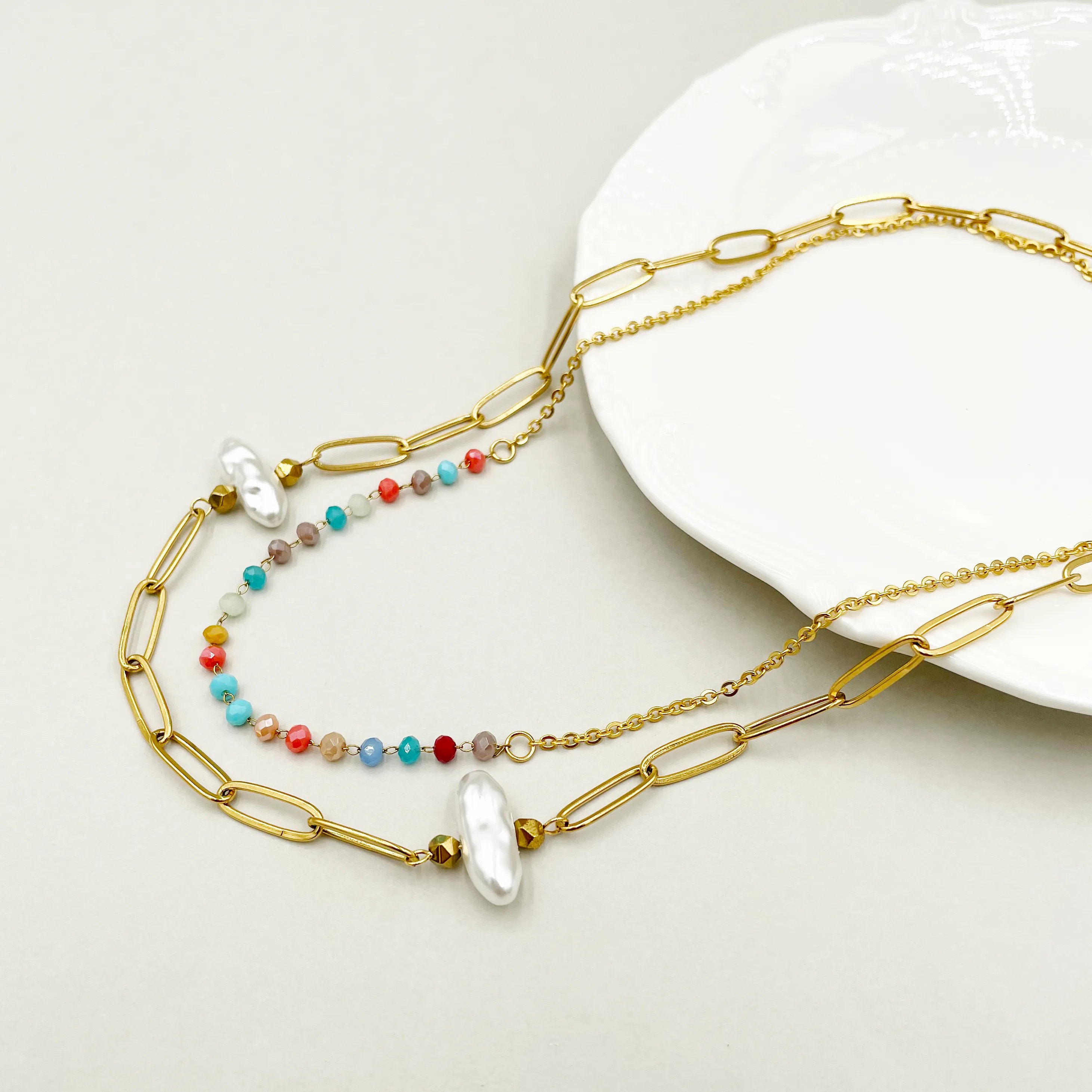 Casual Sweet Irregular Stainless Steel Imitation Pearl Crystal Polishing Plating Gold Plated Layered Necklaces_colorza_2