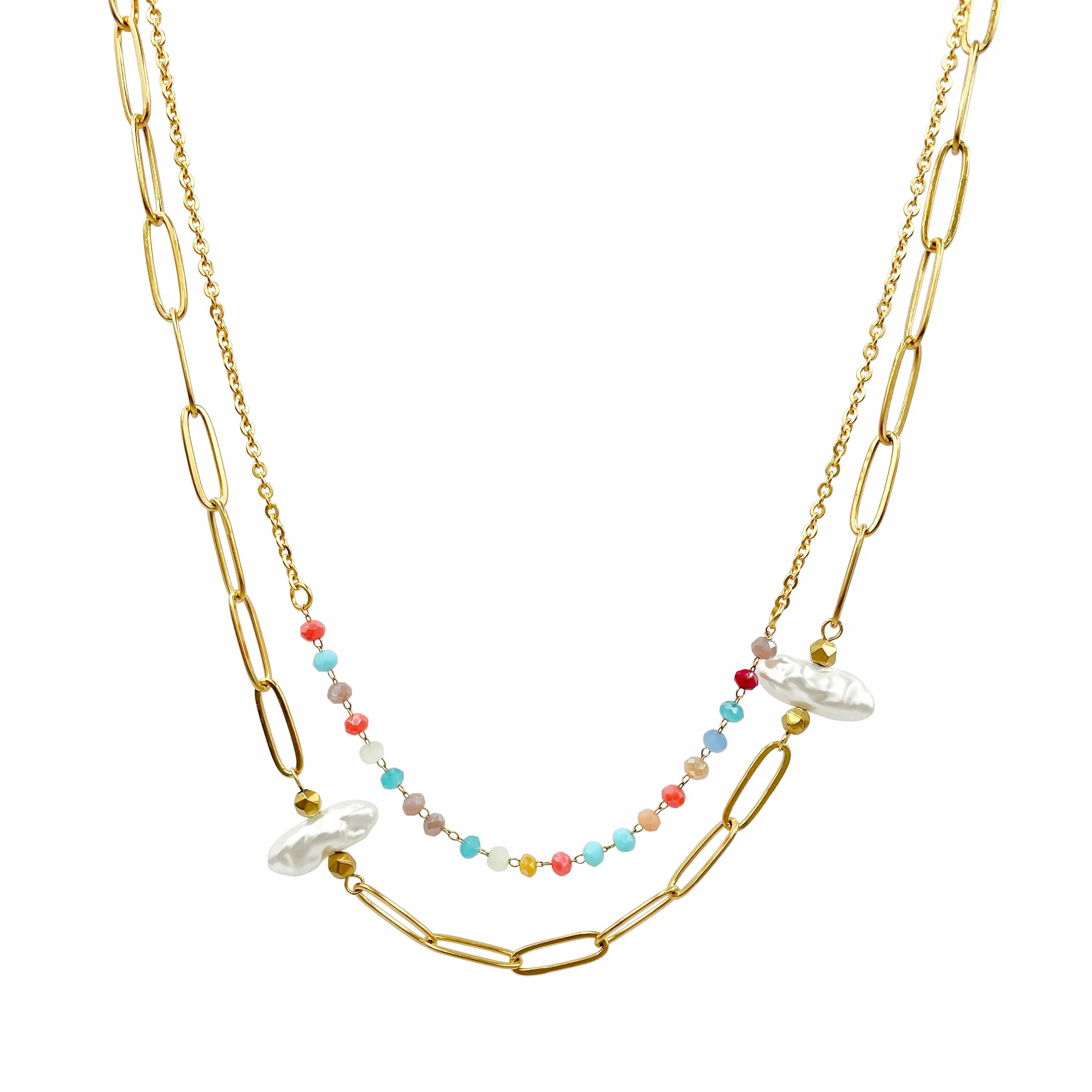Casual Sweet Irregular Stainless Steel Imitation Pearl Crystal Polishing Plating Gold Plated Layered Necklaces_colorza_4