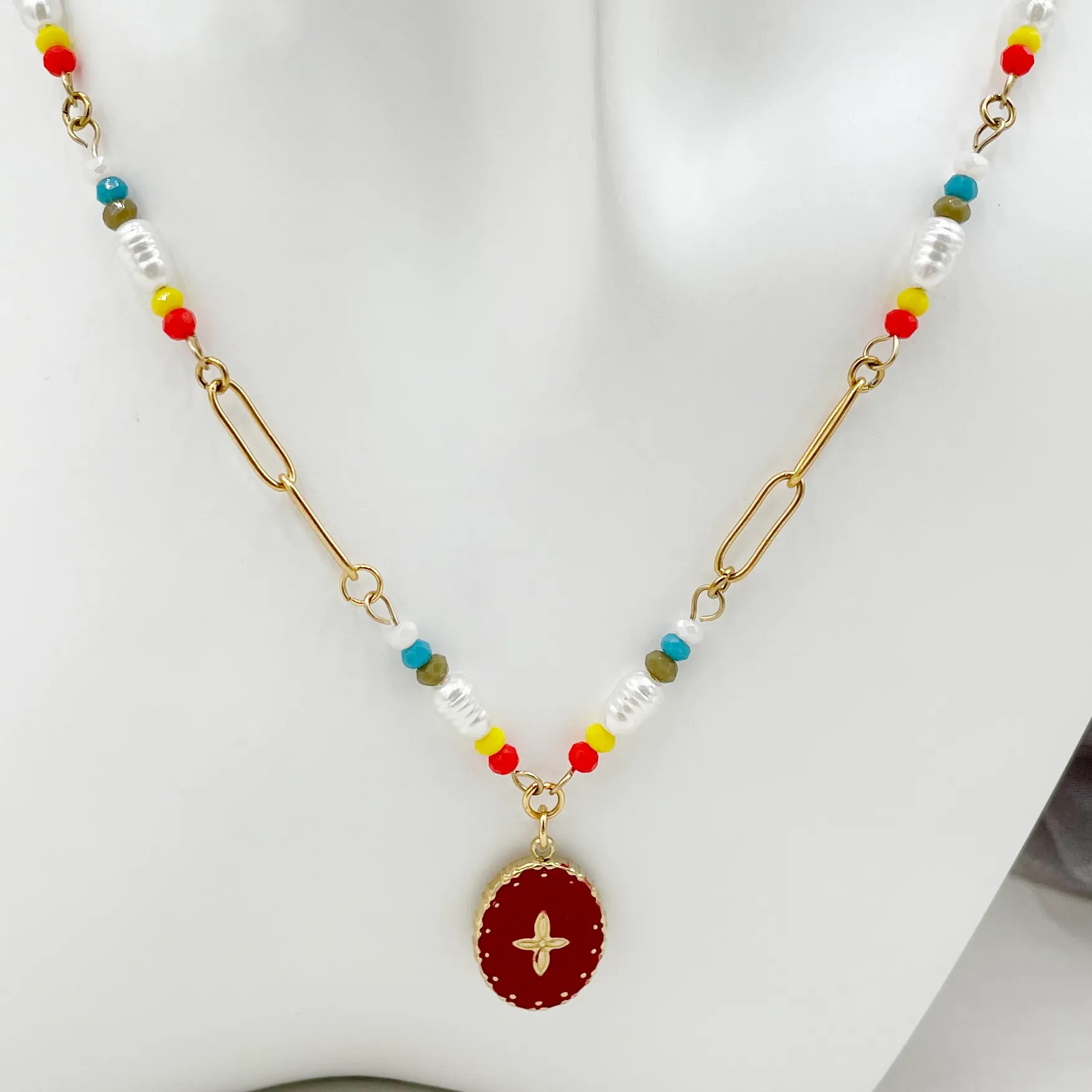 Vacation Sweet Four Leaf Clover Oval Stainless Steel Beaded Imitation Pearl Enamel Plating Gold Plated Pendant Necklace_colorza_1