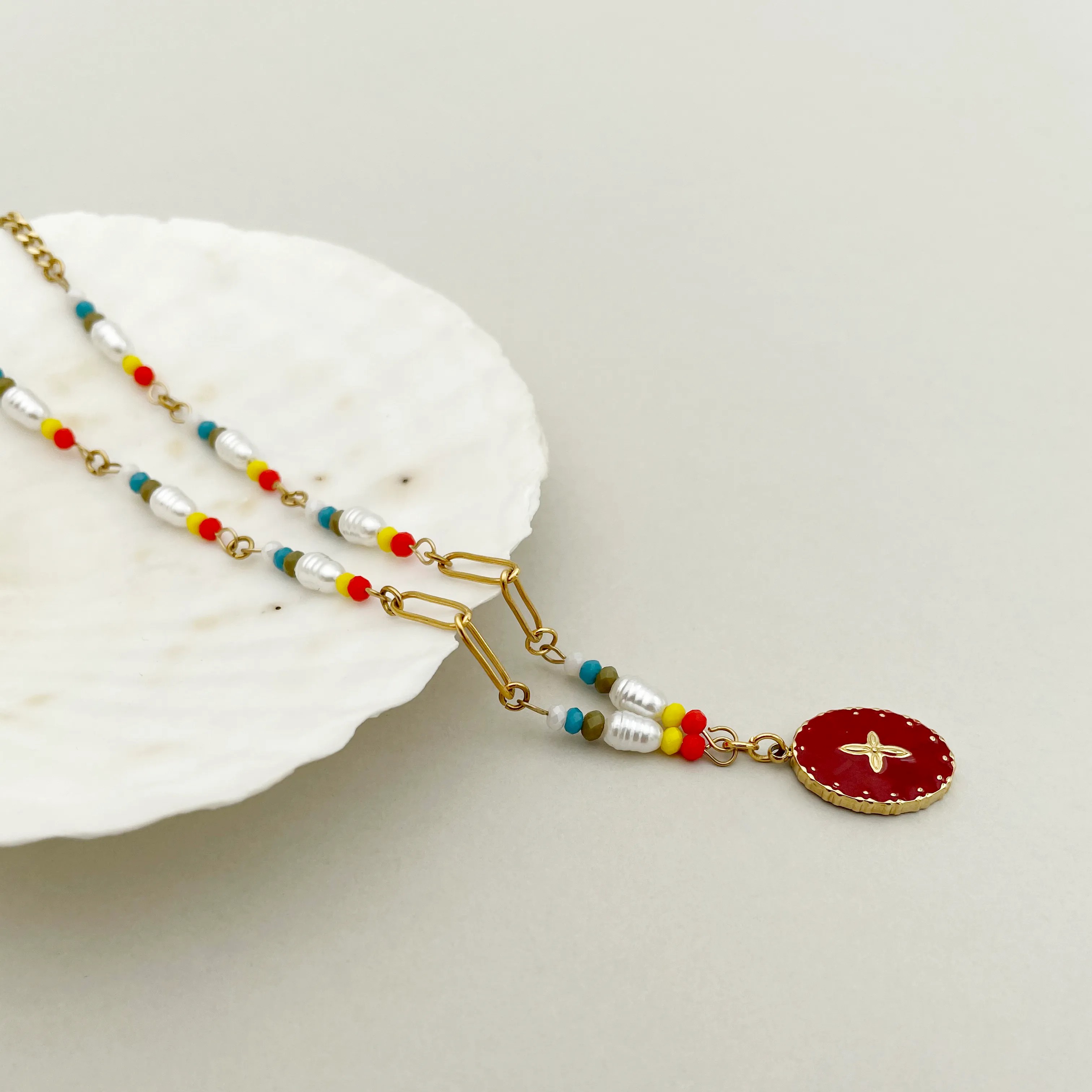 Vacation Sweet Four Leaf Clover Oval Stainless Steel Beaded Imitation Pearl Enamel Plating Gold Plated Pendant Necklace_colorza_2