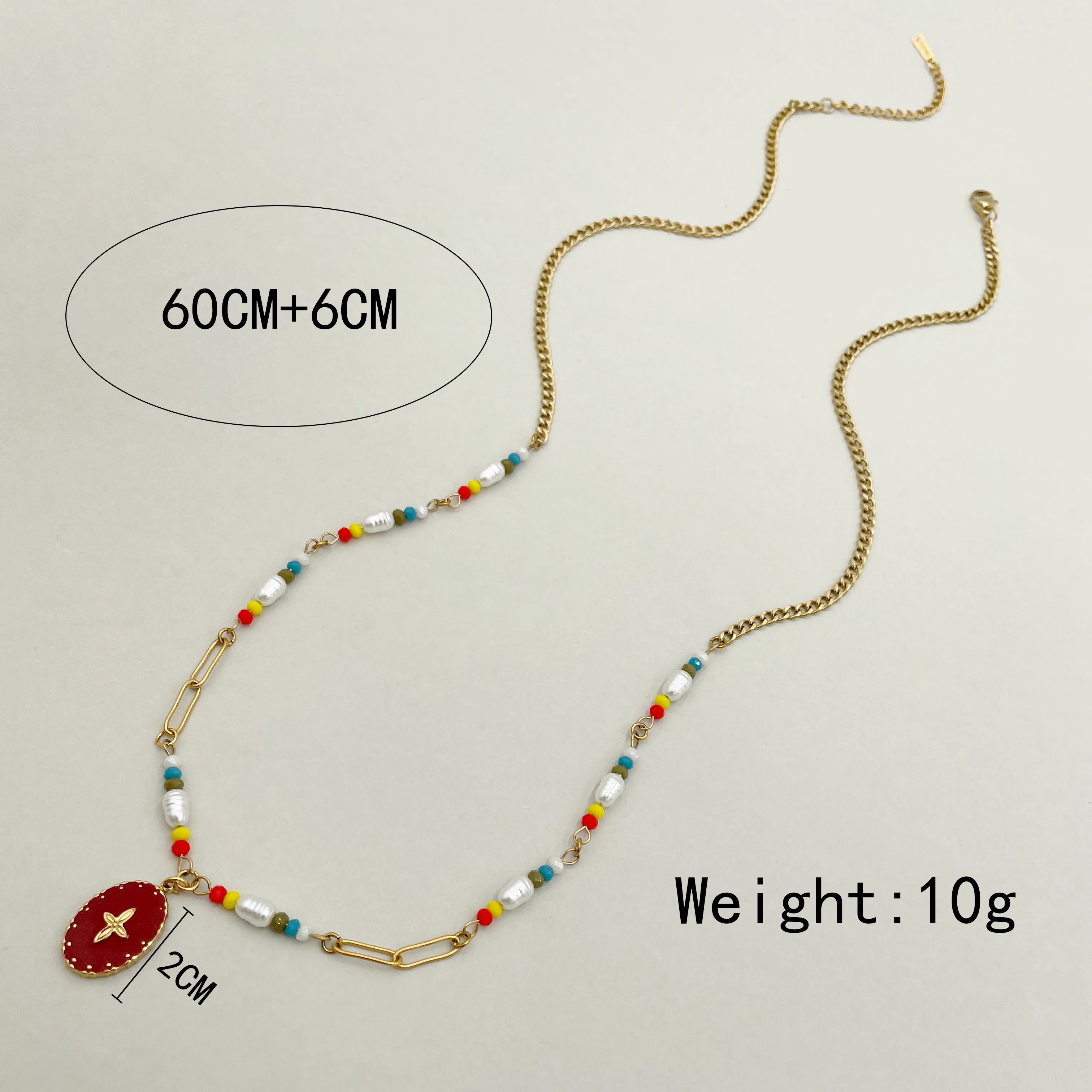 Vacation Sweet Four Leaf Clover Oval Stainless Steel Beaded Imitation Pearl Enamel Plating Gold Plated Pendant Necklace_colorza_3