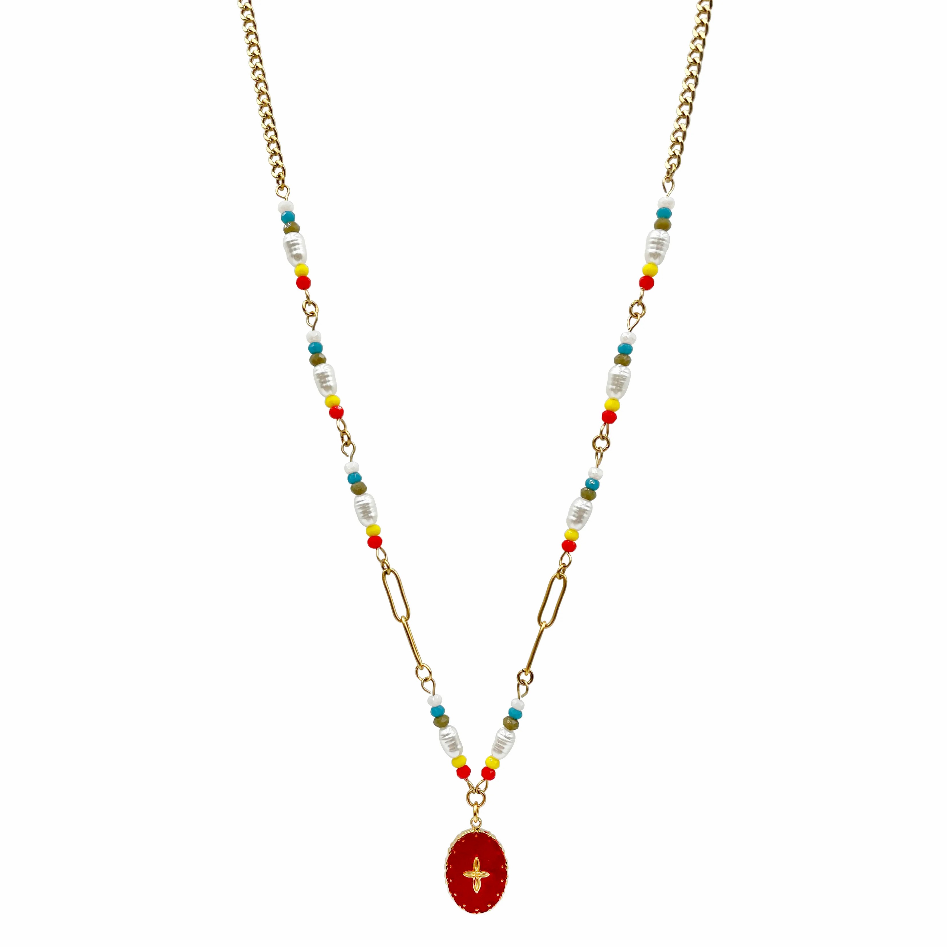 Vacation Sweet Four Leaf Clover Oval Stainless Steel Beaded Imitation Pearl Enamel Plating Gold Plated Pendant Necklace_colorza_4