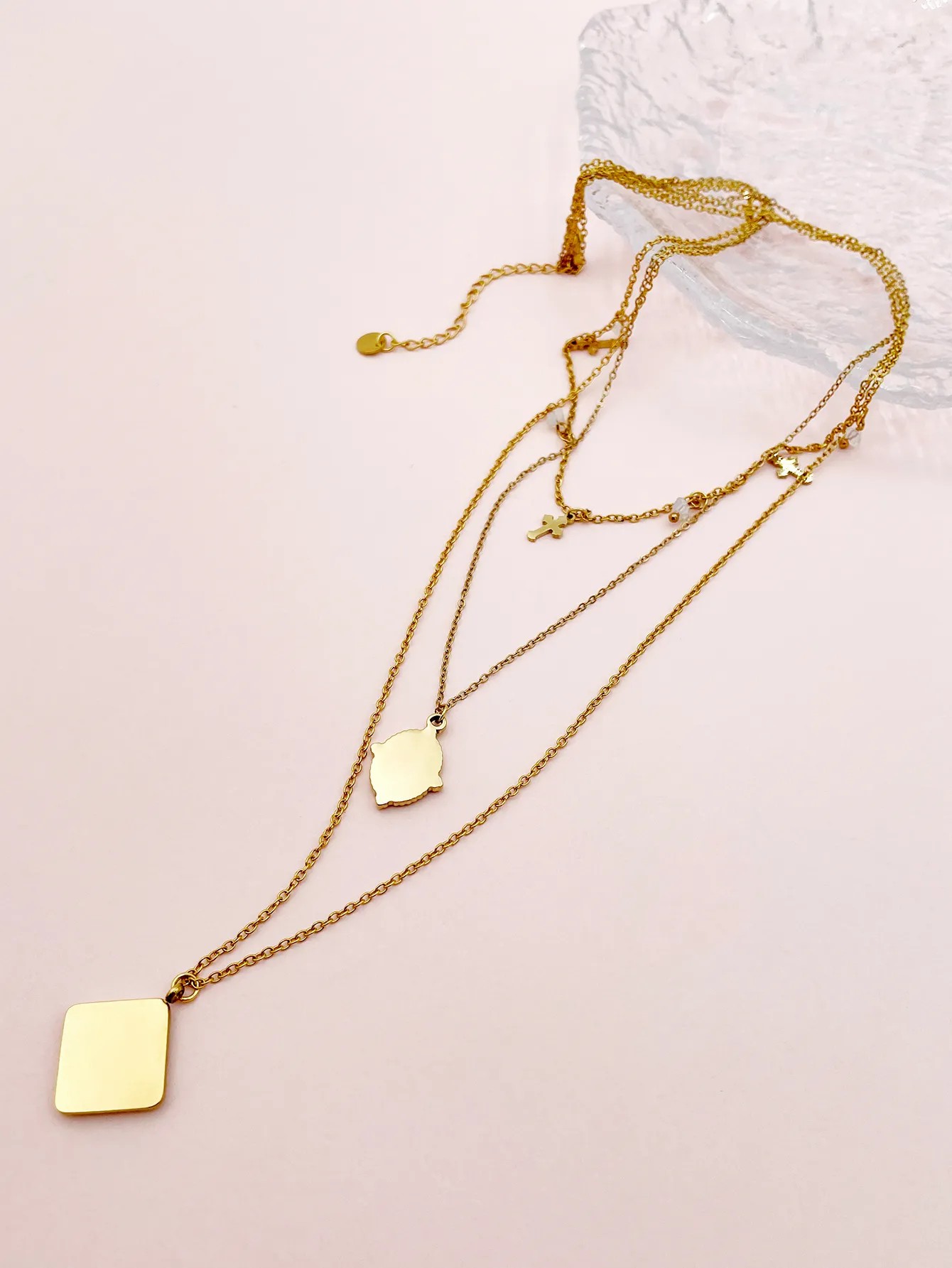 Casual Vintage Style Cross Shield Rhombus Stainless Steel Polishing Plating Crystal Gold Plated Layered Necklaces_colorza_2