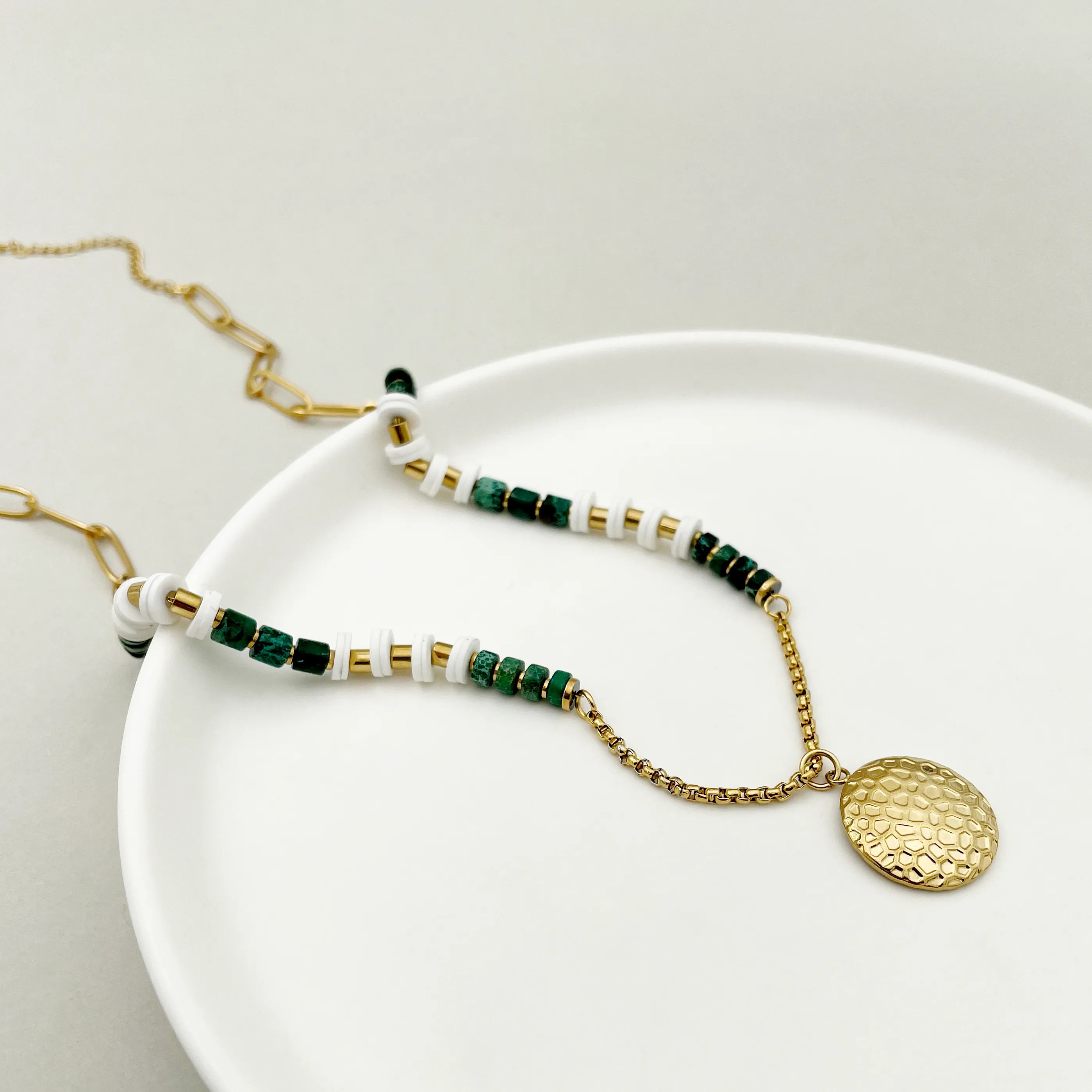 Casual Simple Style Round Stainless Steel Natural Stone Polishing Plating Gold Plated Pendant Necklace_colorza_1