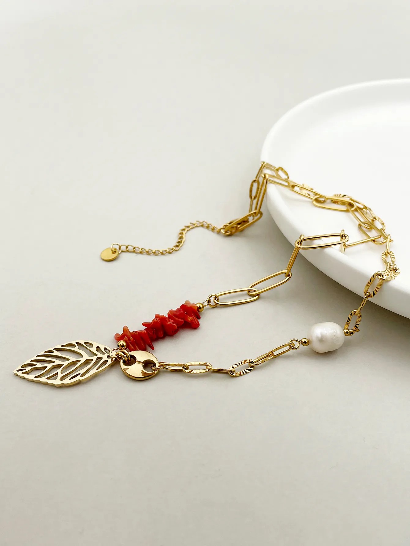 Casual Vacation Beach Leaves Stainless Steel Artificial Pearl Natural Stone Polishing Plating Hollow Out Gold Plated Pendant Necklace_colorza_2