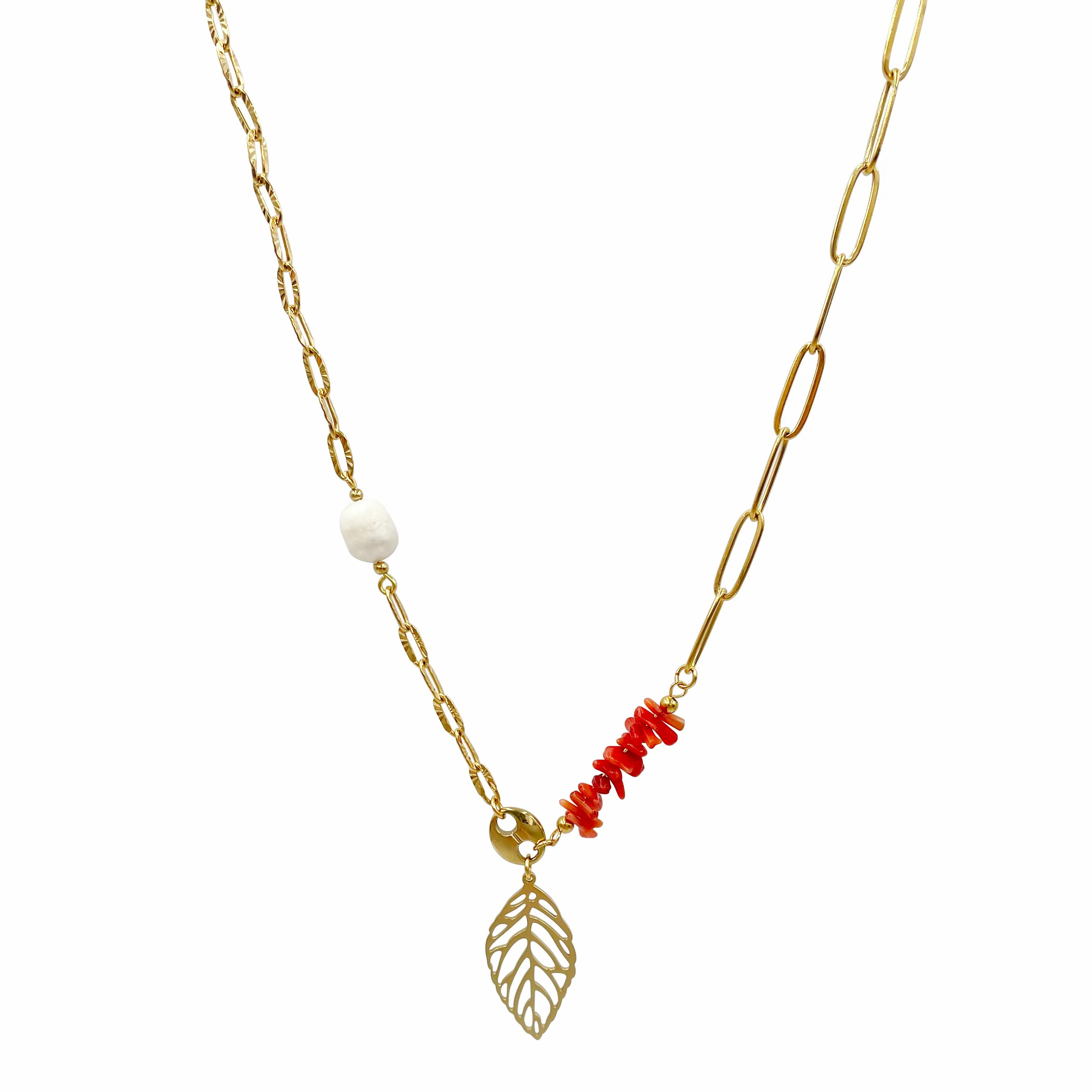 Casual Vacation Beach Leaves Stainless Steel Artificial Pearl Natural Stone Polishing Plating Hollow Out Gold Plated Pendant Necklace_colorza_4