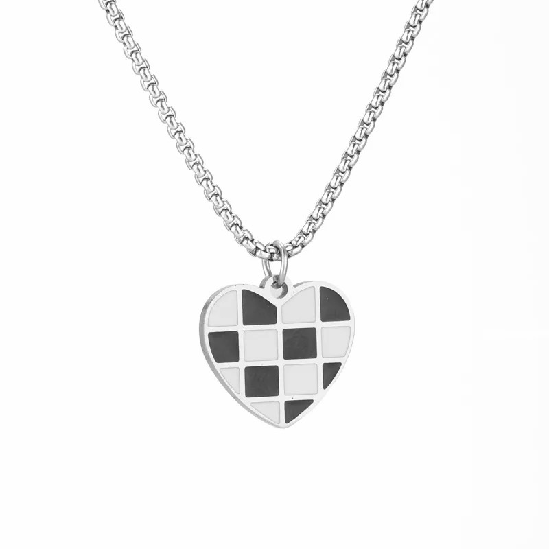 Cute Simple Style Lattice Heart Shape Stainless Steel Enamel Plating White Gold Plated Platinum Plated Pendant Necklace_colorza_2