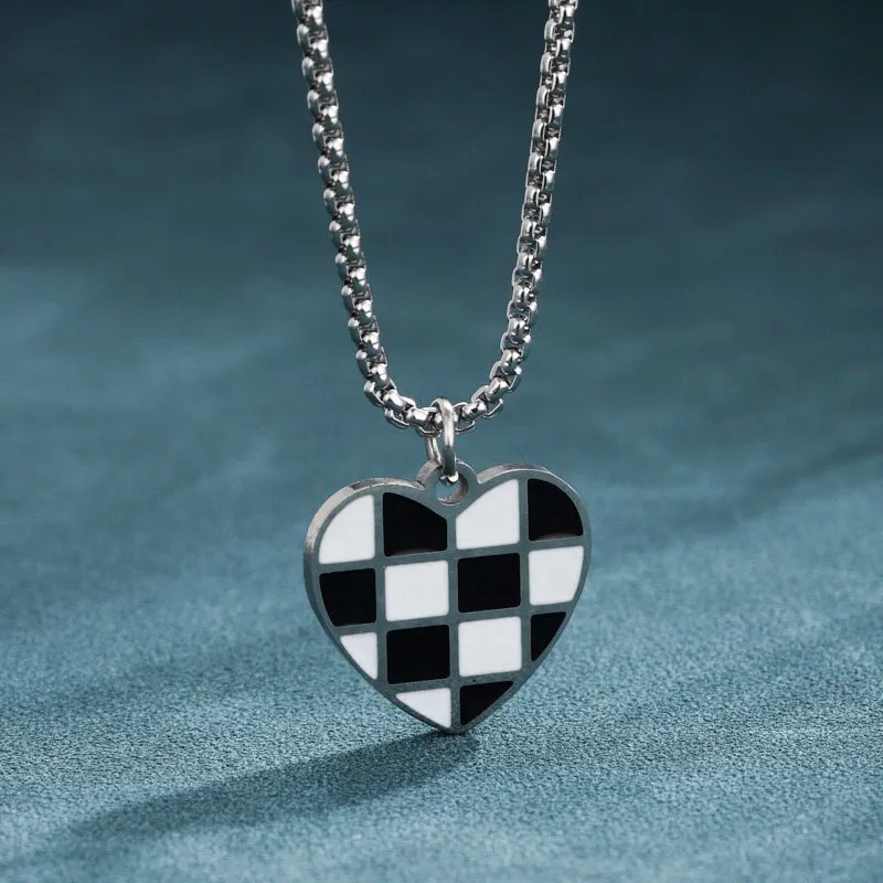 Cute Simple Style Lattice Heart Shape Stainless Steel Enamel Plating White Gold Plated Platinum Plated Pendant Necklace_colorza_3