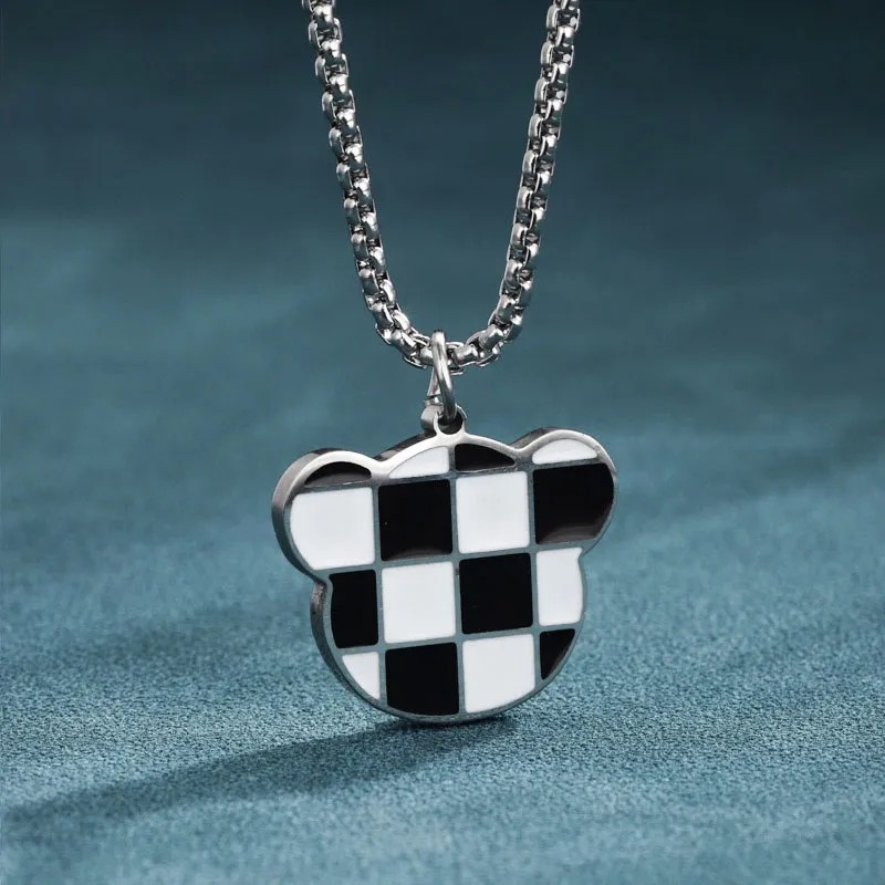 Cute Simple Style Little Bear Lattice Stainless Steel Enamel Plating White Gold Plated Platinum Plated Pendant Necklace_colorza_1