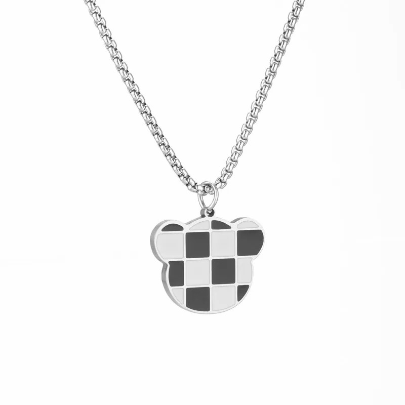 Cute Simple Style Little Bear Lattice Stainless Steel Enamel Plating White Gold Plated Platinum Plated Pendant Necklace_colorza_2