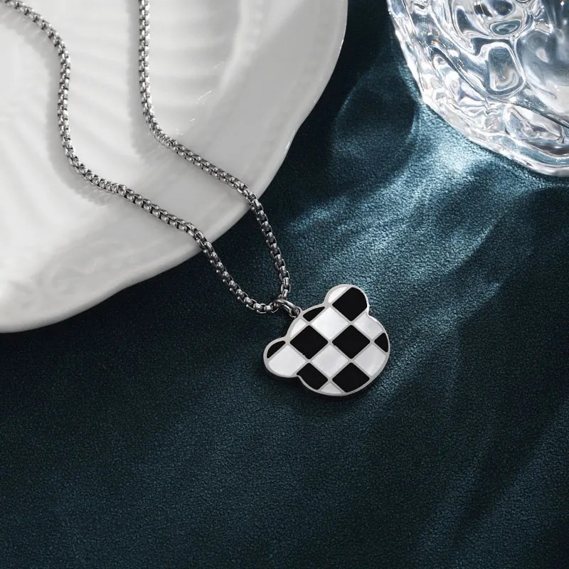 Cute Simple Style Little Bear Lattice Stainless Steel Enamel Plating White Gold Plated Platinum Plated Pendant Necklace_colorza_3