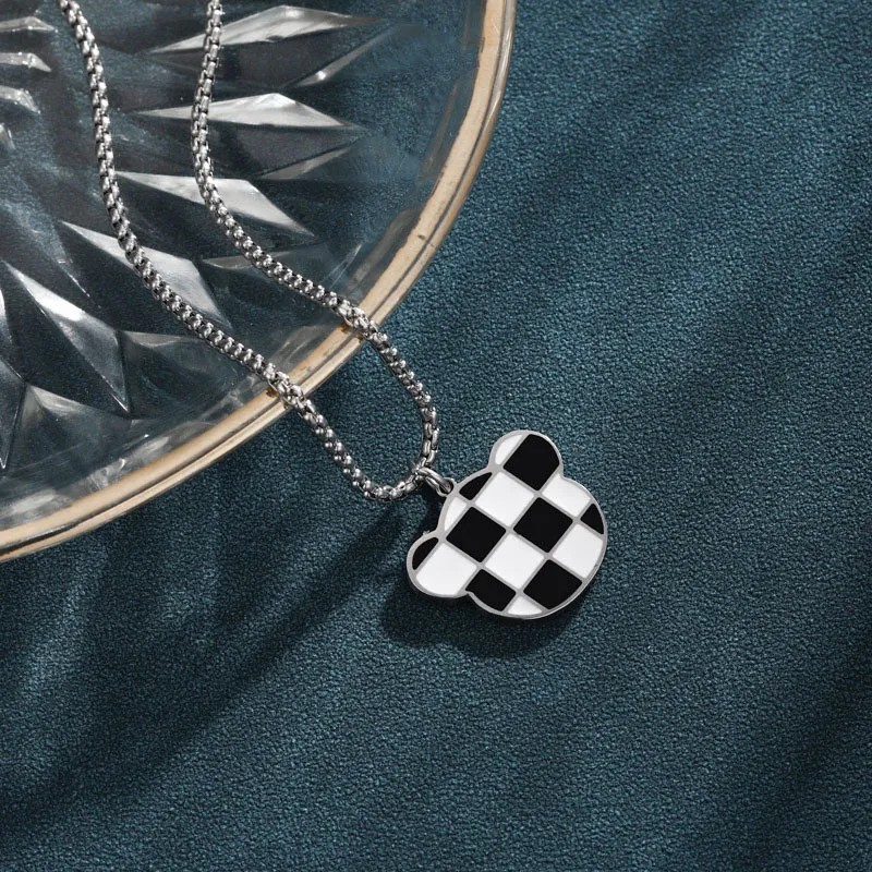 Cute Simple Style Little Bear Lattice Stainless Steel Enamel Plating White Gold Plated Platinum Plated Pendant Necklace_colorza_4