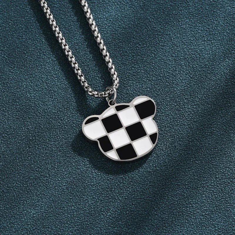 Cute Simple Style Little Bear Lattice Stainless Steel Enamel Plating White Gold Plated Platinum Plated Pendant Necklace_colorza_5