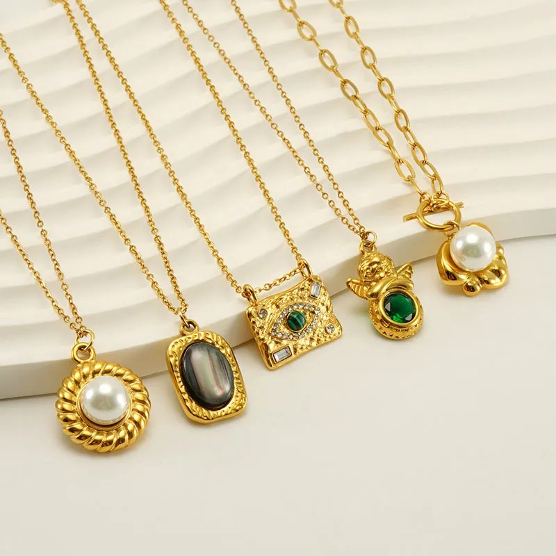 Retro Oval Eye Stainless Steel Plating Inlay Gem Pearl 18K Gold Plated Pendant Necklace Long Necklace_colorza_2